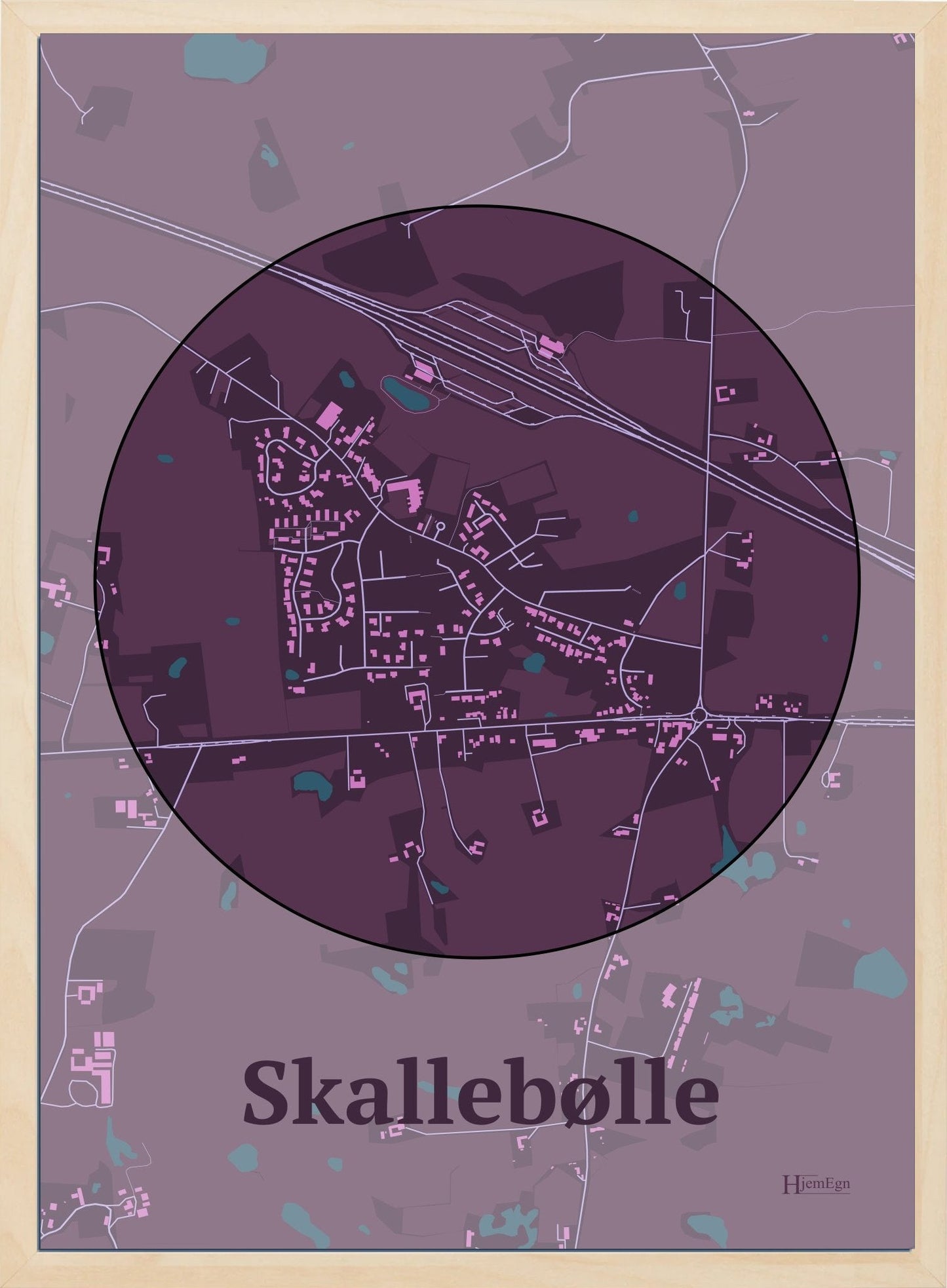 Skallebølle plakat i farve mørk rød og HjemEgn.dk design centrum. Design bykort for Skallebølle