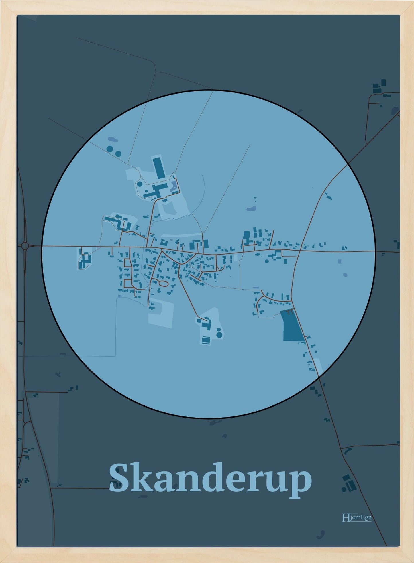 Skanderup plakat i farve pastel blå og HjemEgn.dk design centrum. Design bykort for Skanderup