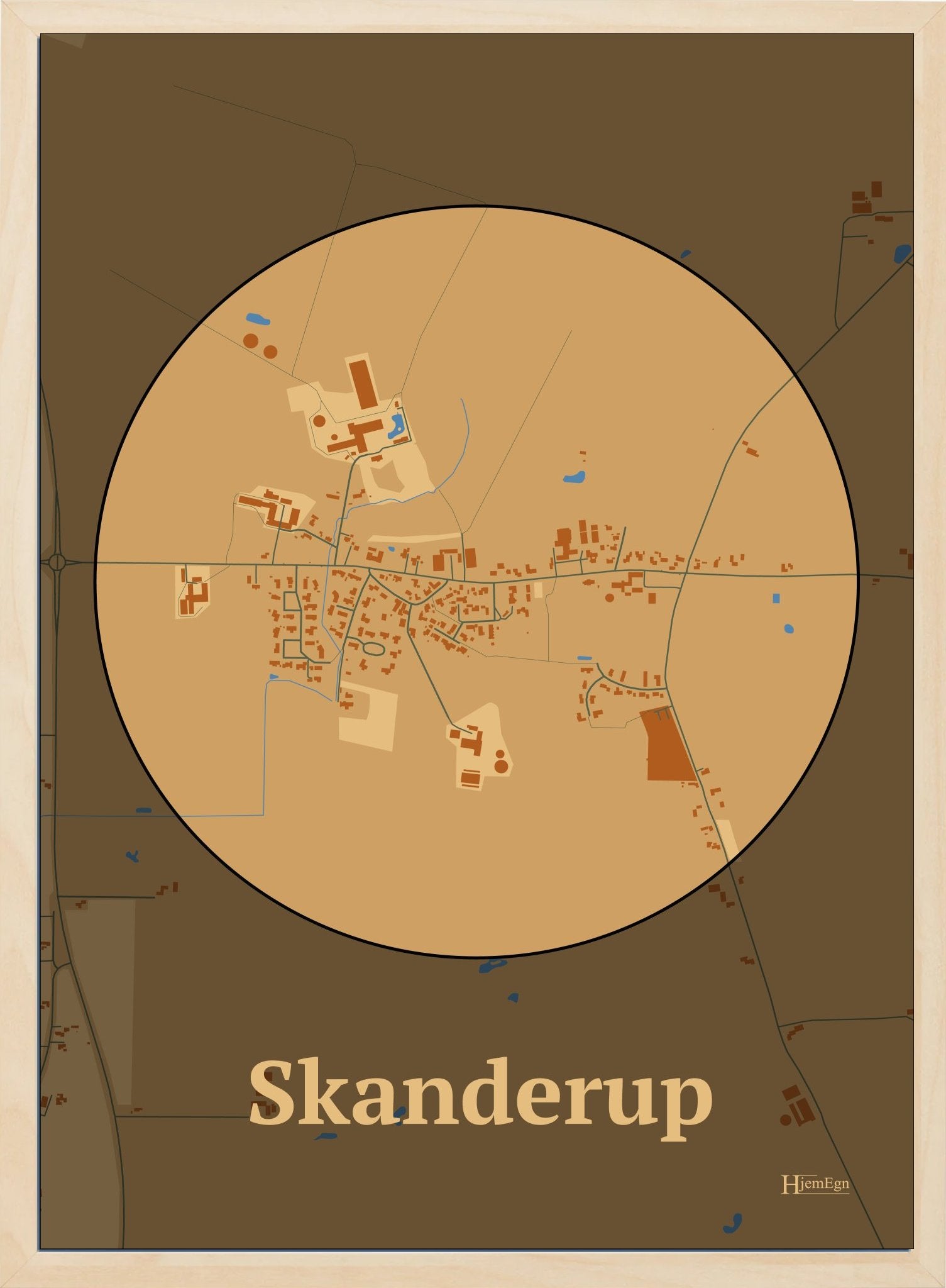 Skanderup plakat i farve pastel brun og HjemEgn.dk design centrum. Design bykort for Skanderup