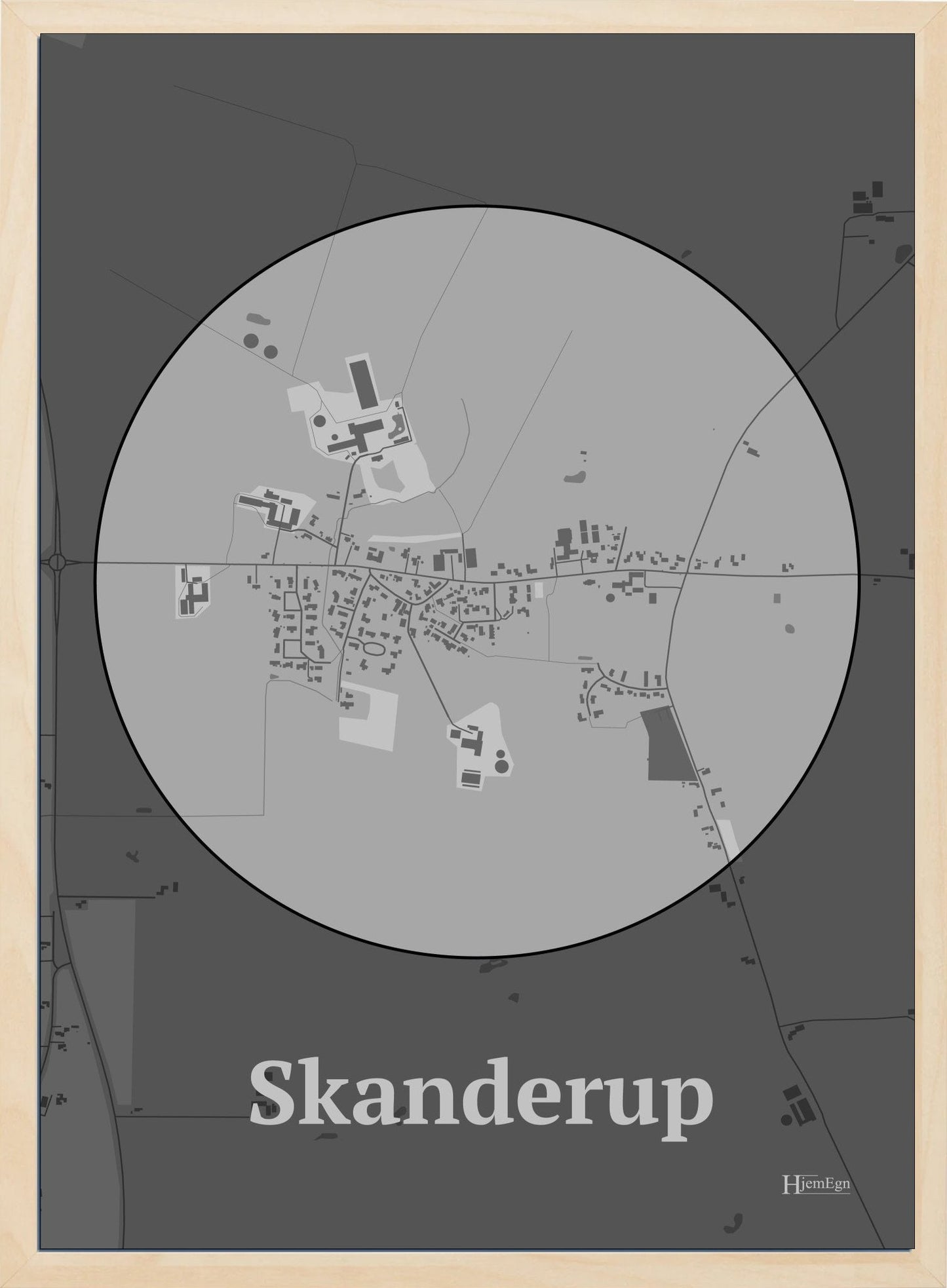 Skanderup plakat i farve pastel grå og HjemEgn.dk design centrum. Design bykort for Skanderup