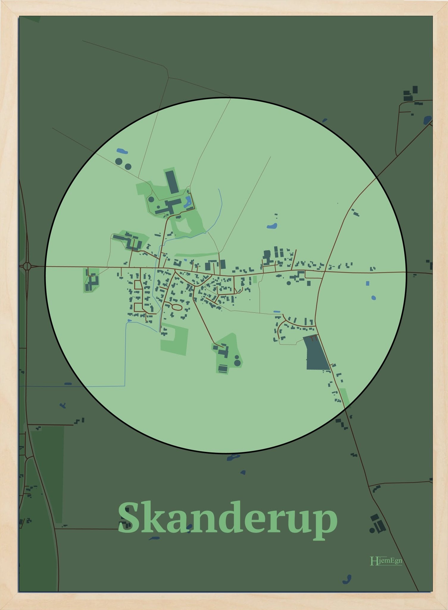 Skanderup plakat i farve pastel grøn og HjemEgn.dk design centrum. Design bykort for Skanderup