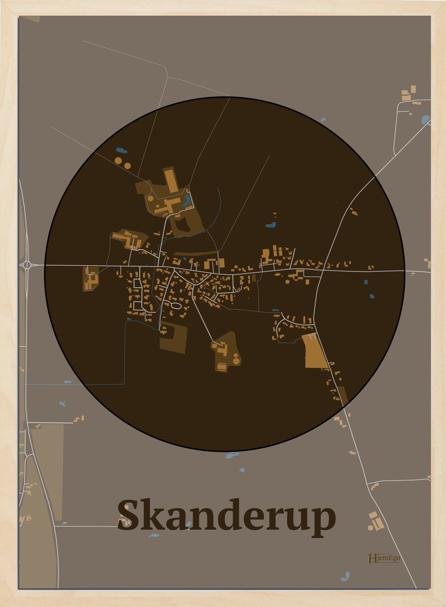Skanderup plakat i farve mørk brun og HjemEgn.dk design centrum. Design bykort for Skanderup