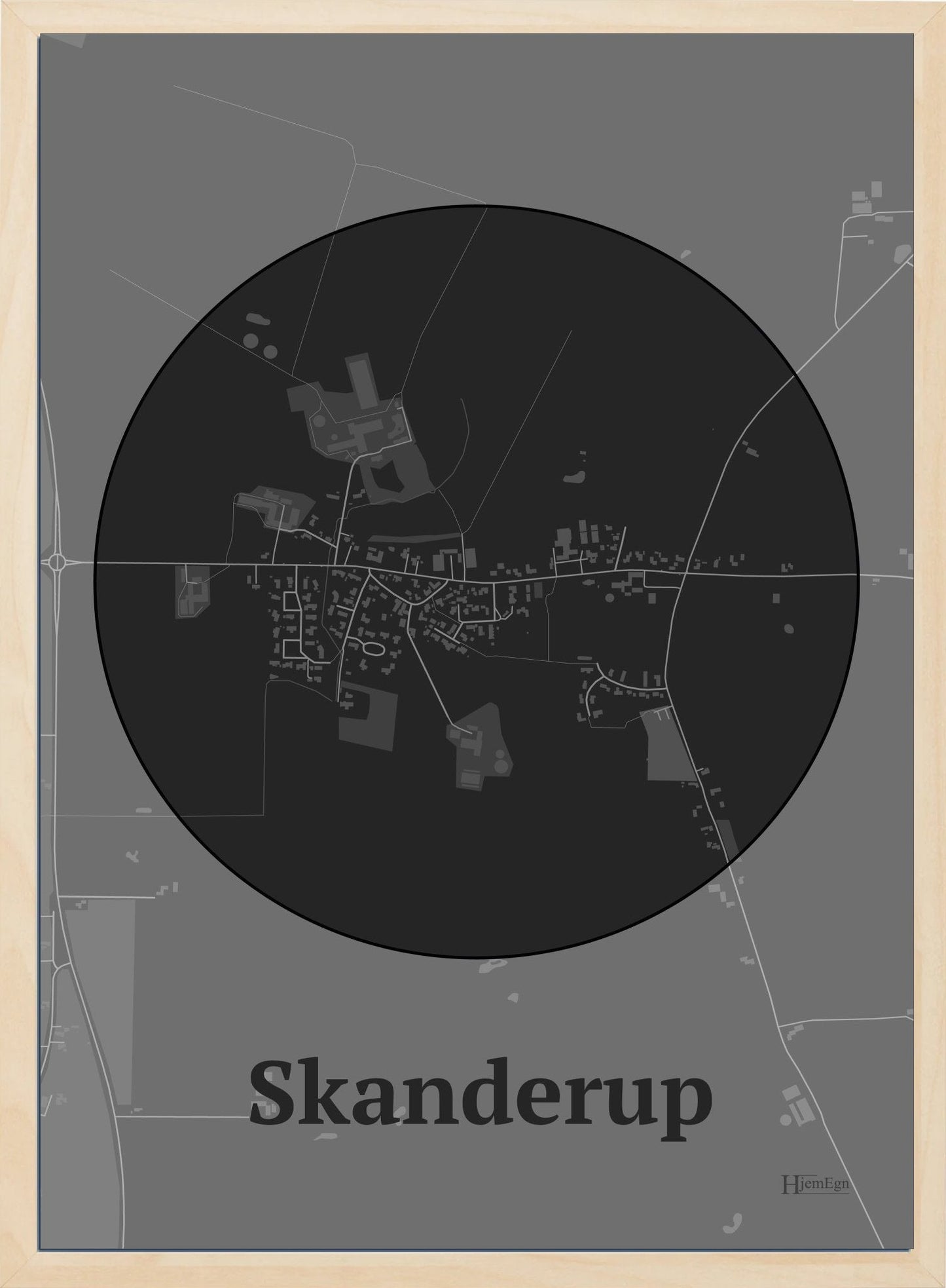 Skanderup plakat i farve mørk grå og HjemEgn.dk design centrum. Design bykort for Skanderup
