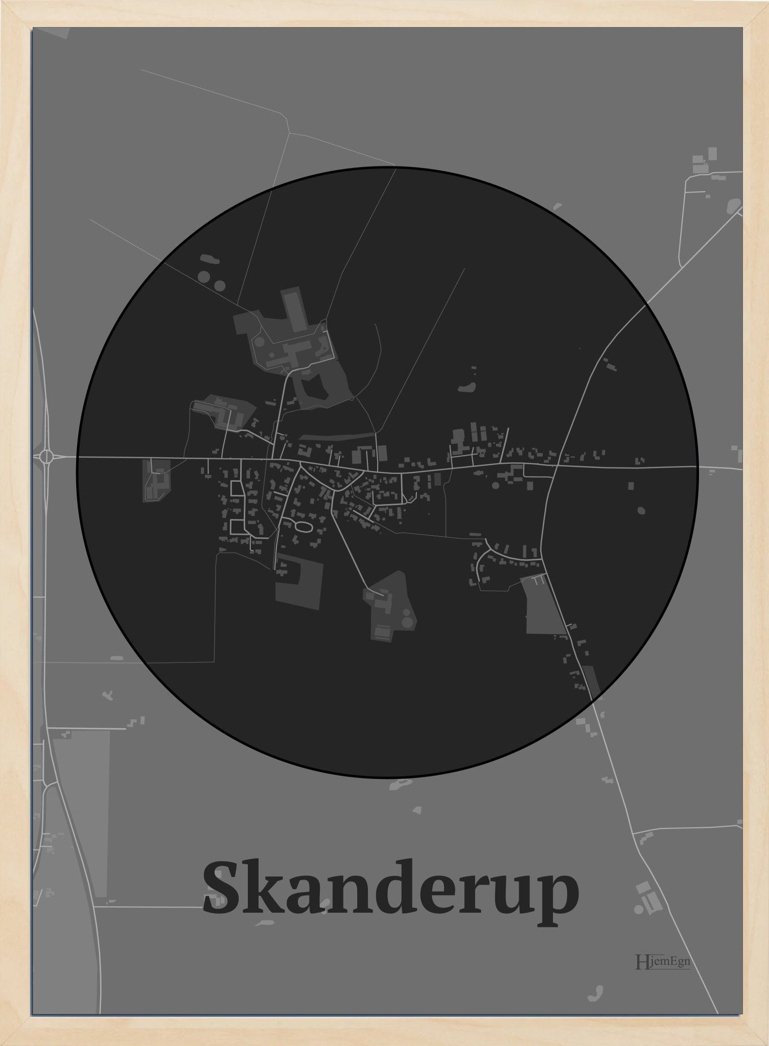 Skanderup plakat i farve mørk grå og HjemEgn.dk design centrum. Design bykort for Skanderup