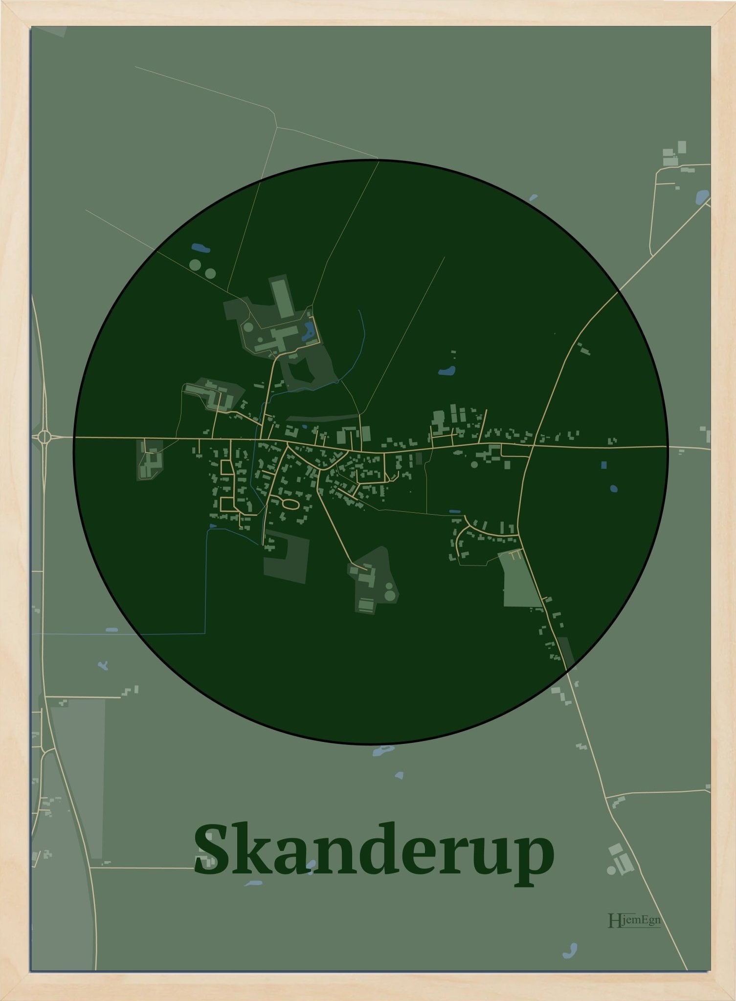 Skanderup plakat i farve mørk grøn og HjemEgn.dk design centrum. Design bykort for Skanderup