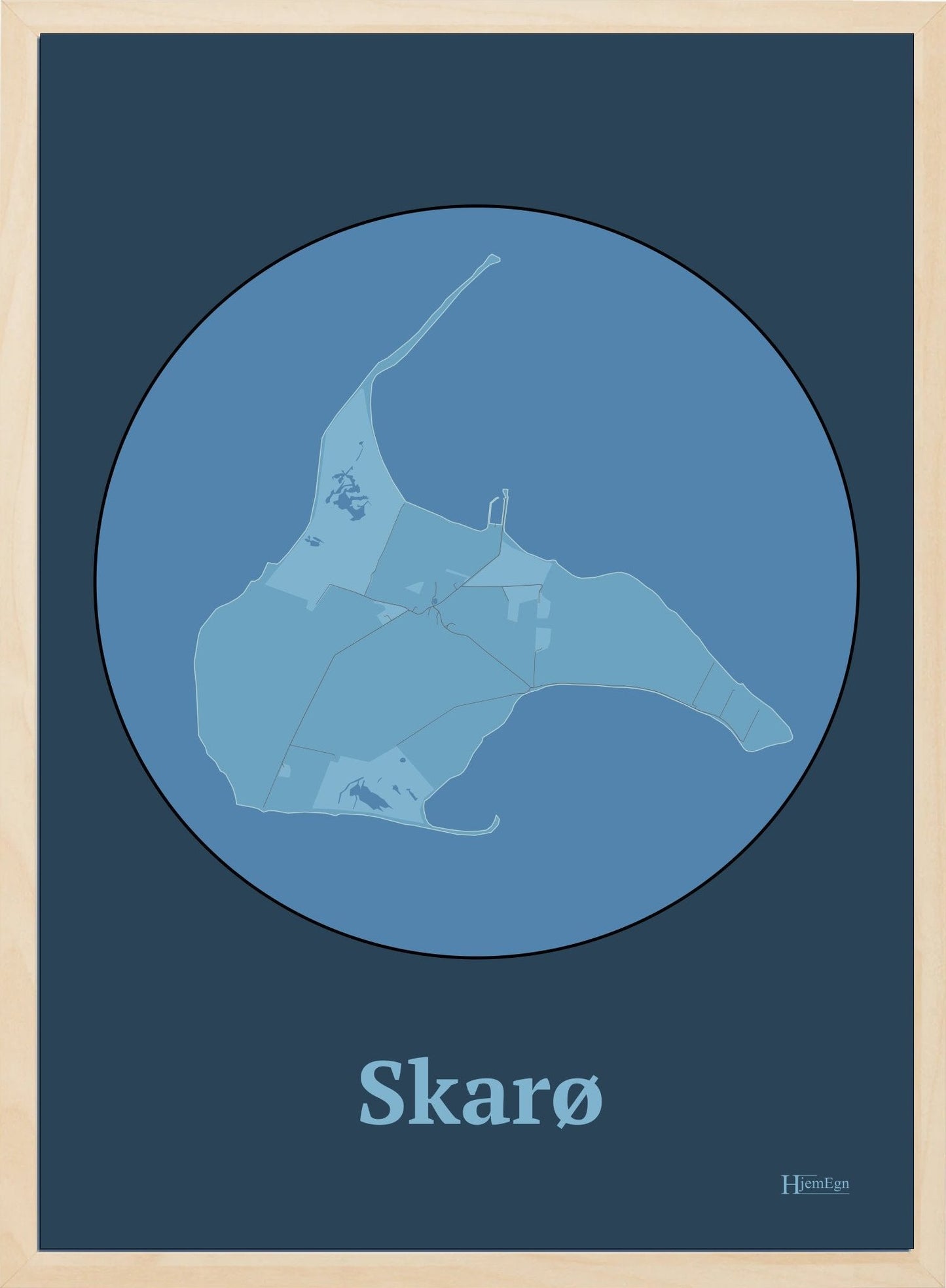 Skarø plakat i farve pastel blå og HjemEgn.dk design centrum. Design ø-kort for Skarø