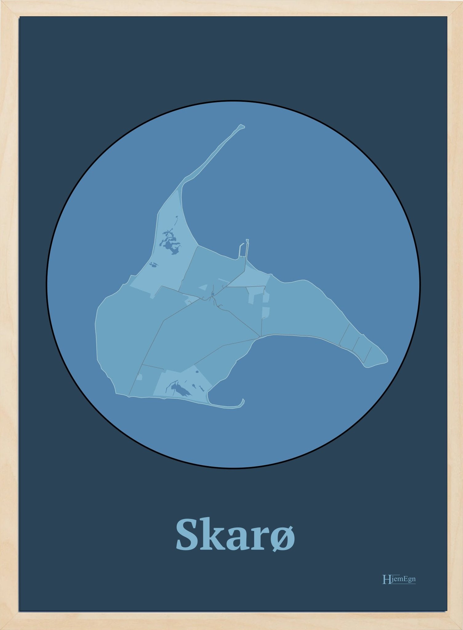 Skarø plakat i farve pastel blå og HjemEgn.dk design centrum. Design ø-kort for Skarø