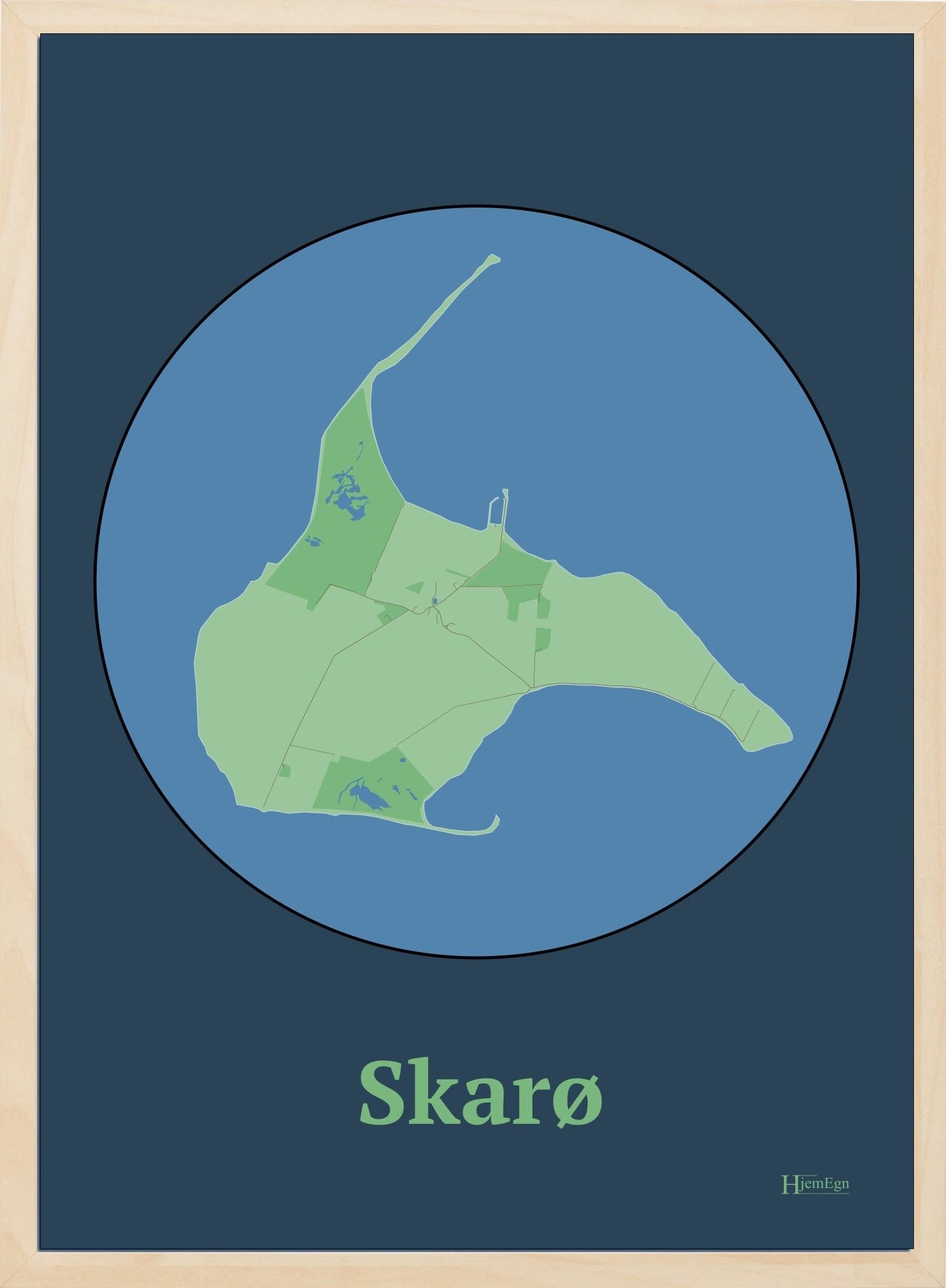 Skarø plakat i farve pastel grøn og HjemEgn.dk design centrum. Design ø-kort for Skarø