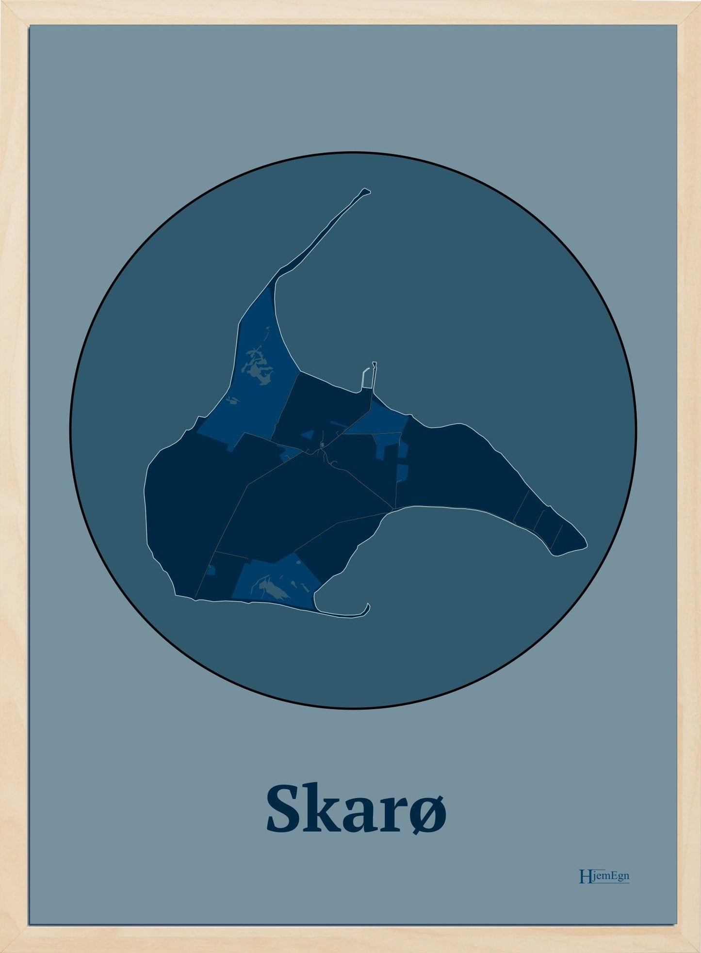 Skarø plakat i farve mørk blå og HjemEgn.dk design centrum. Design ø-kort for Skarø