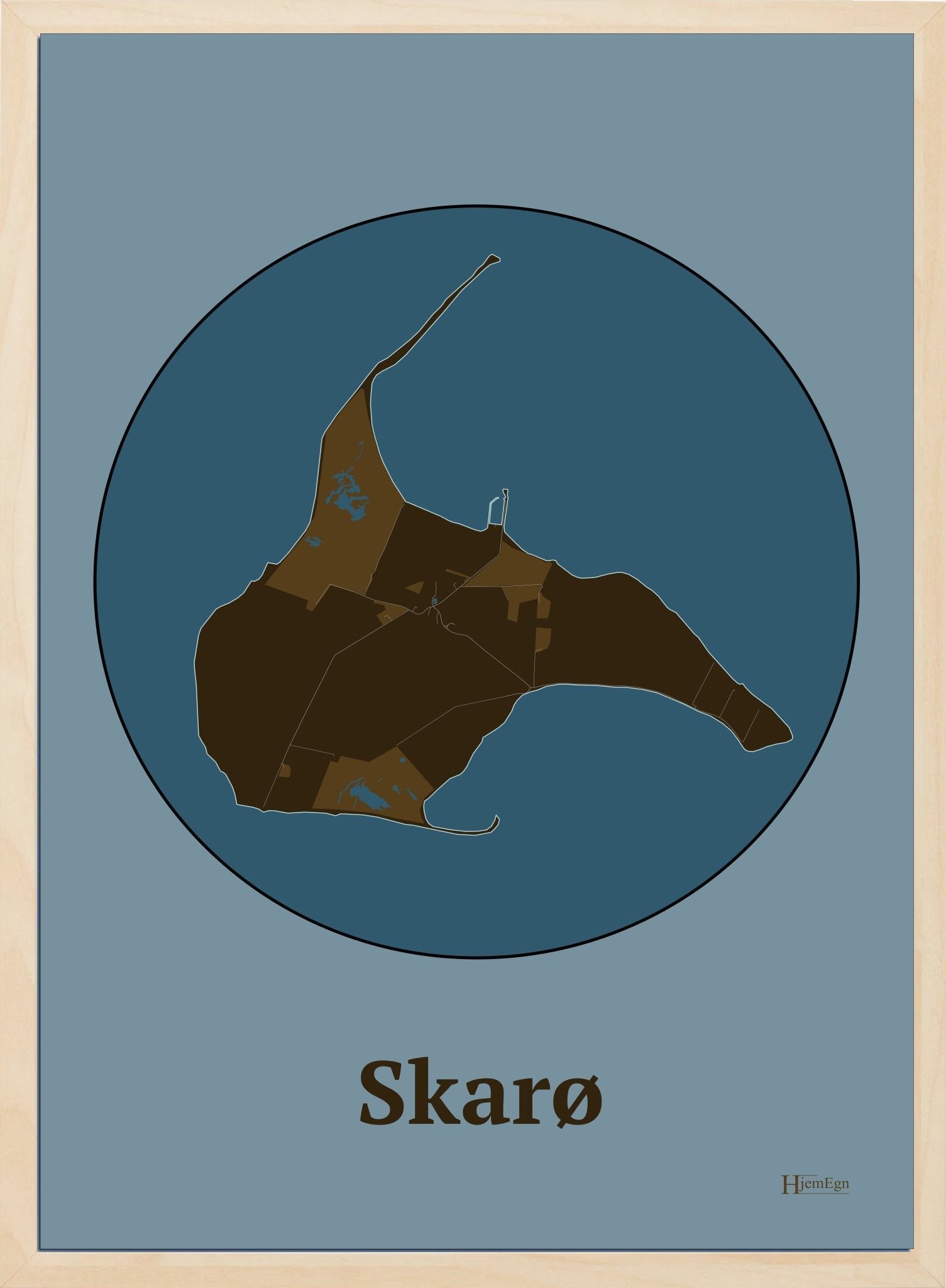 Skarø plakat i farve mørk brun og HjemEgn.dk design centrum. Design ø-kort for Skarø