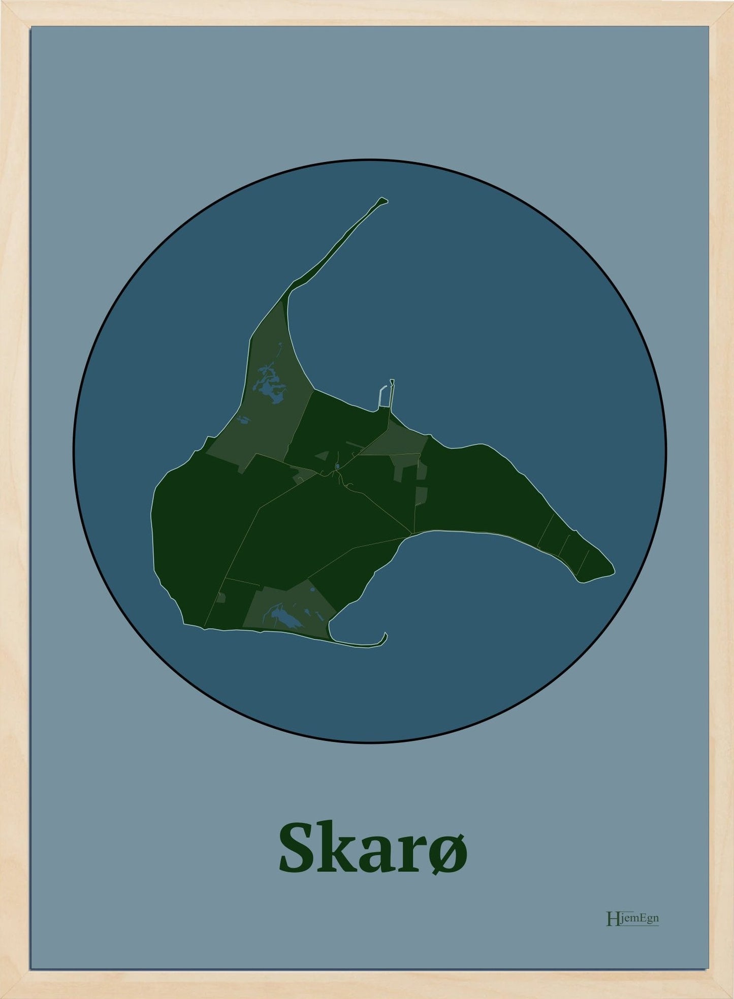 Skarø plakat i farve mørk grøn og HjemEgn.dk design centrum. Design ø-kort for Skarø