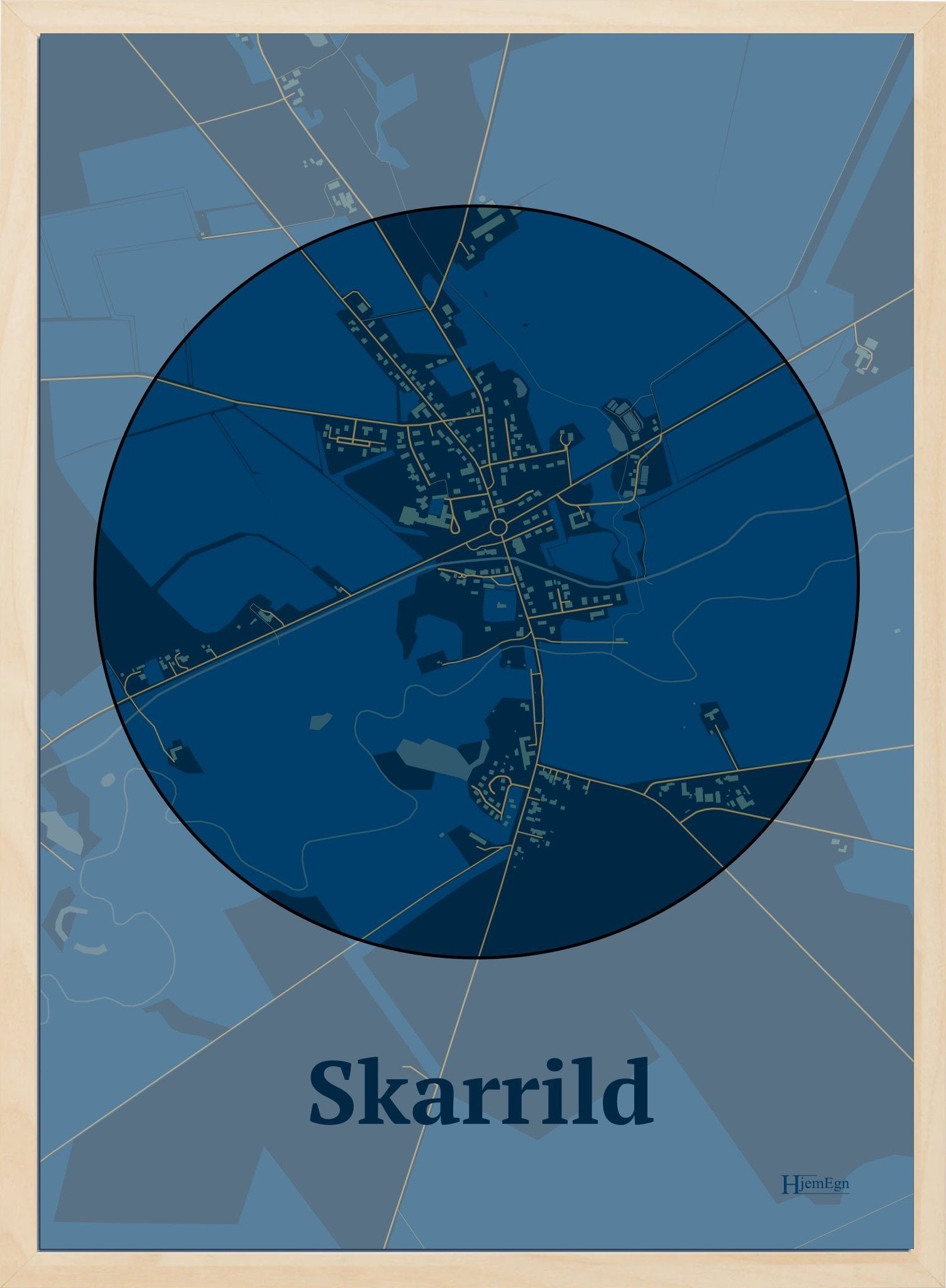 Skarrild plakat i farve mørk blå og HjemEgn.dk design centrum. Design bykort for Skarrild
