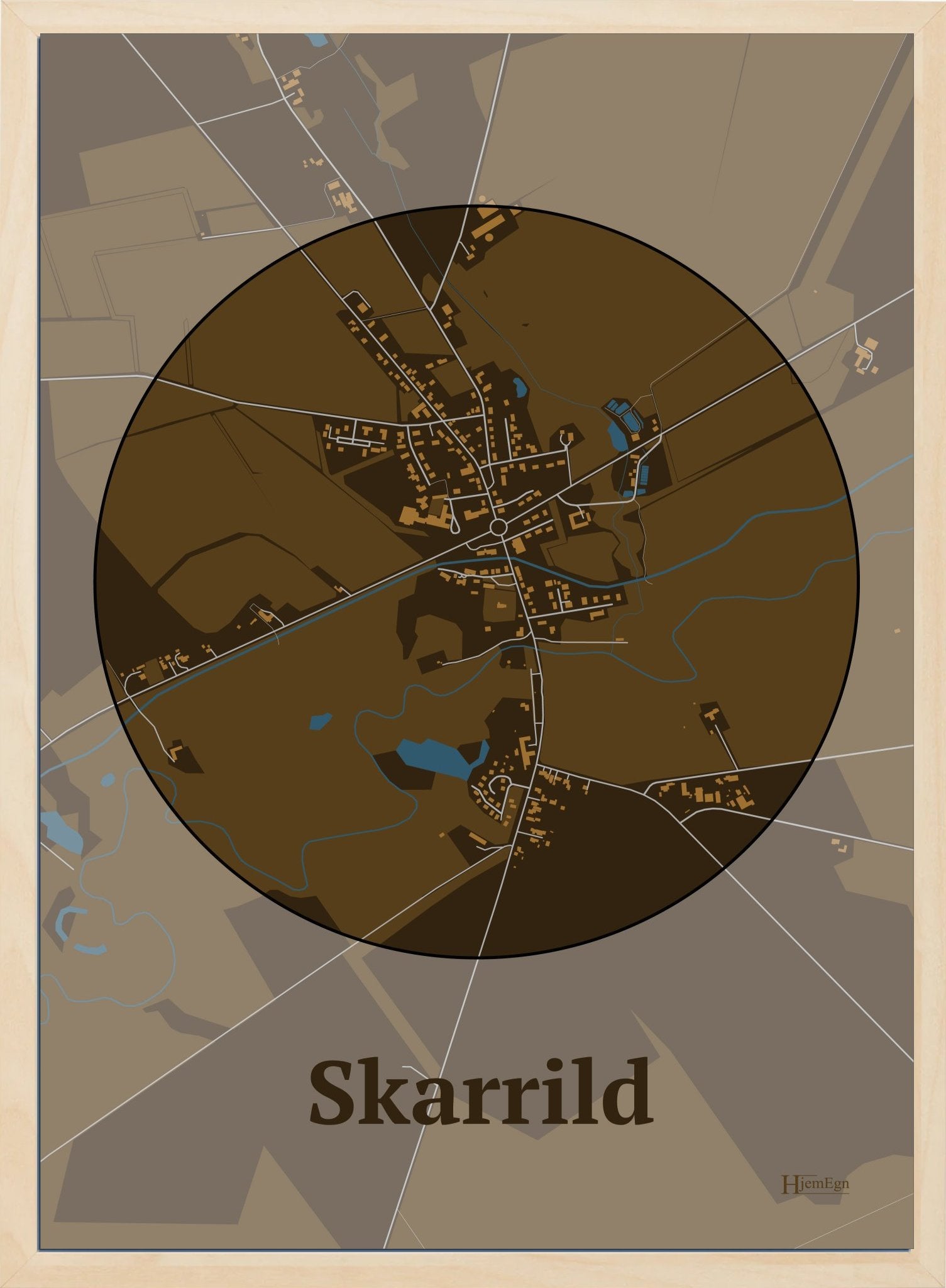 Skarrild plakat i farve mørk brun og HjemEgn.dk design centrum. Design bykort for Skarrild