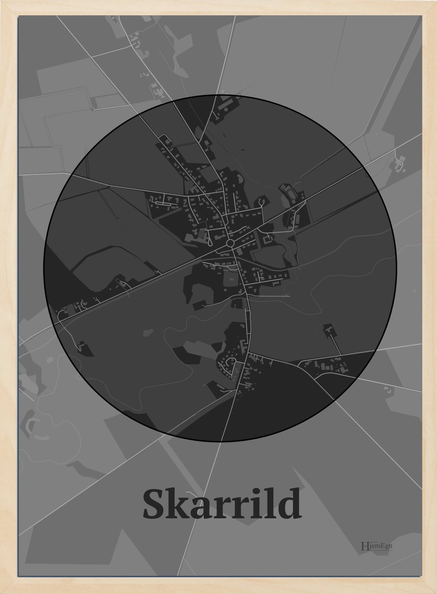 Skarrild plakat i farve mørk grå og HjemEgn.dk design centrum. Design bykort for Skarrild