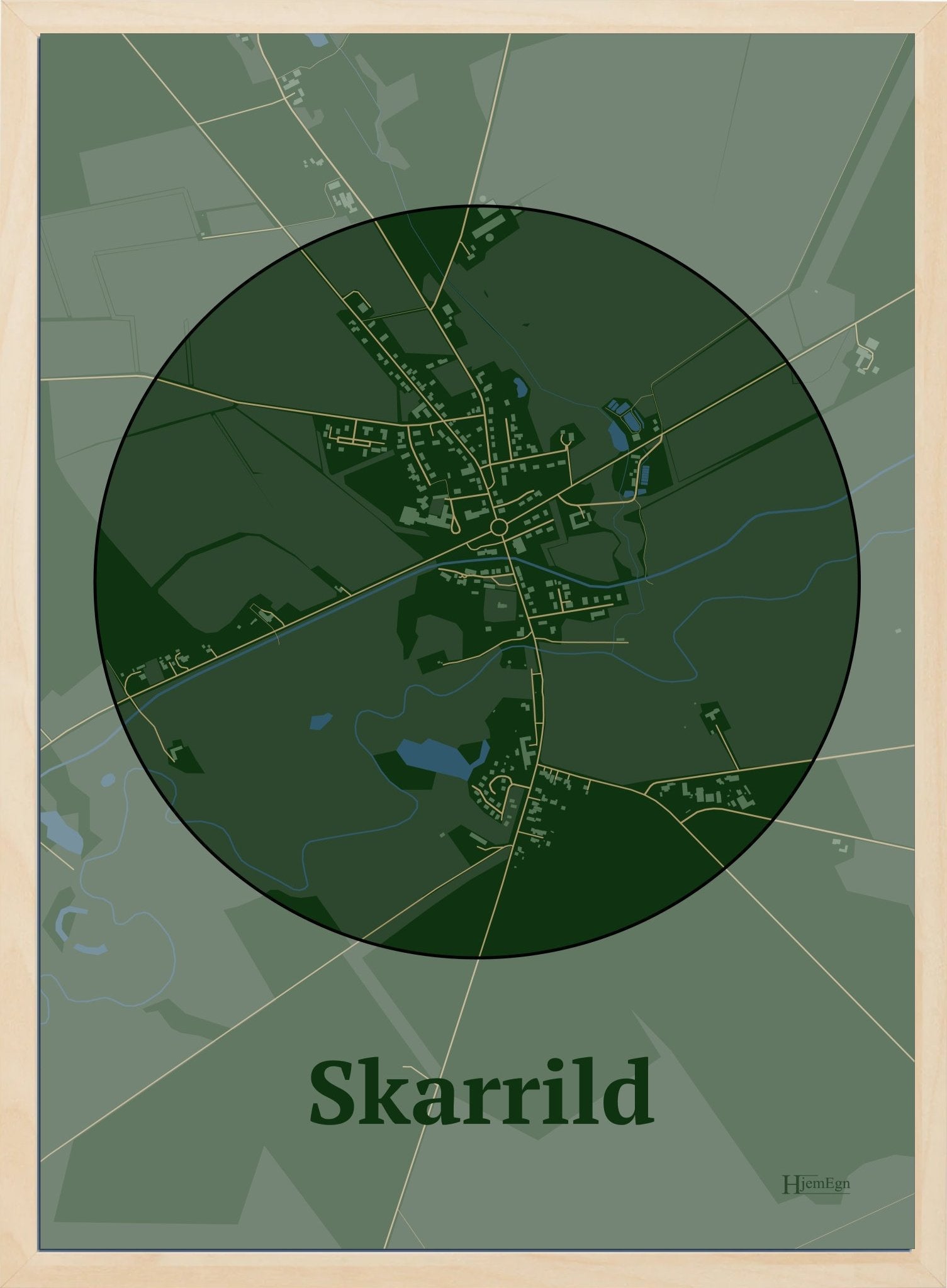 Skarrild plakat i farve mørk grøn og HjemEgn.dk design centrum. Design bykort for Skarrild