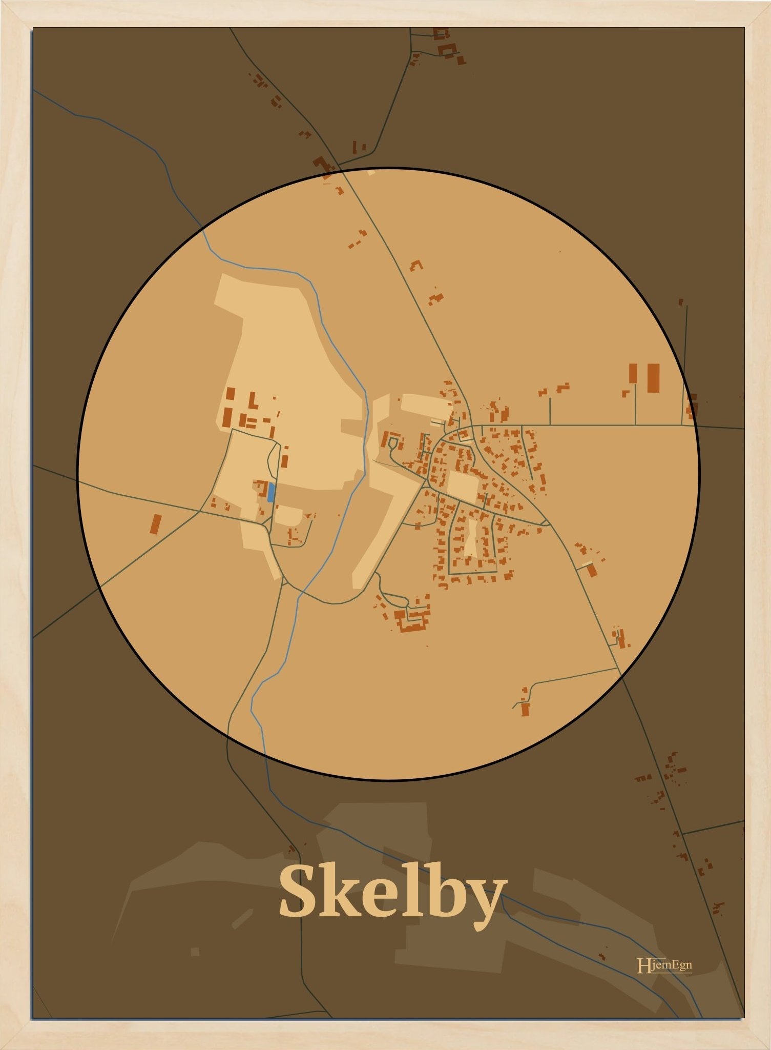 Skelby plakat i farve pastel brun og HjemEgn.dk design centrum. Design bykort for Skelby