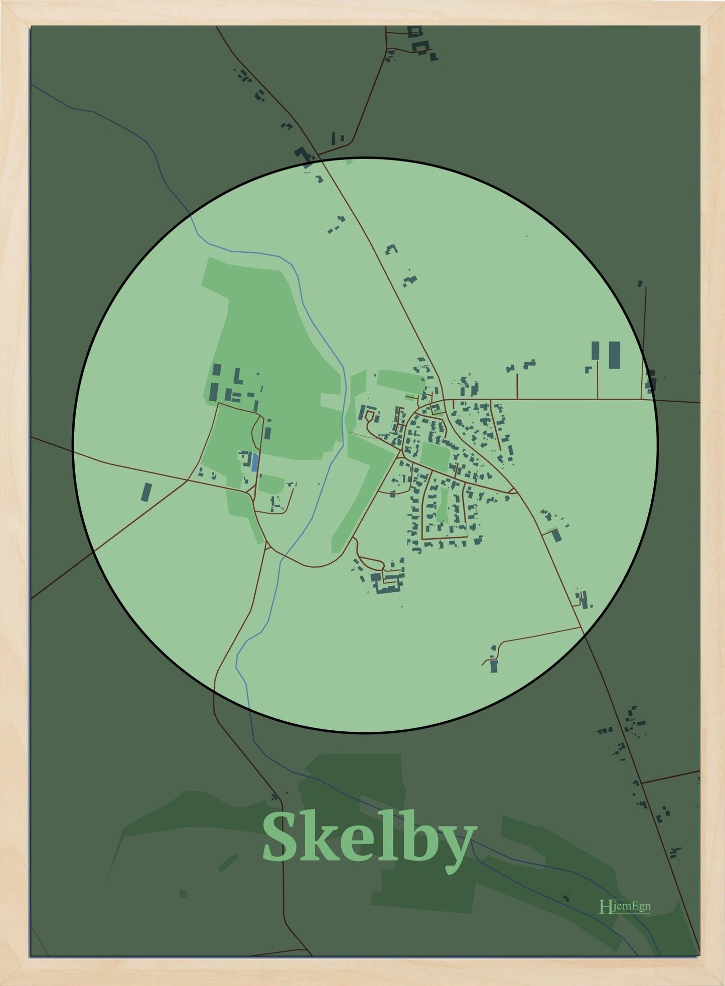 Skelby plakat i farve pastel grøn og HjemEgn.dk design centrum. Design bykort for Skelby