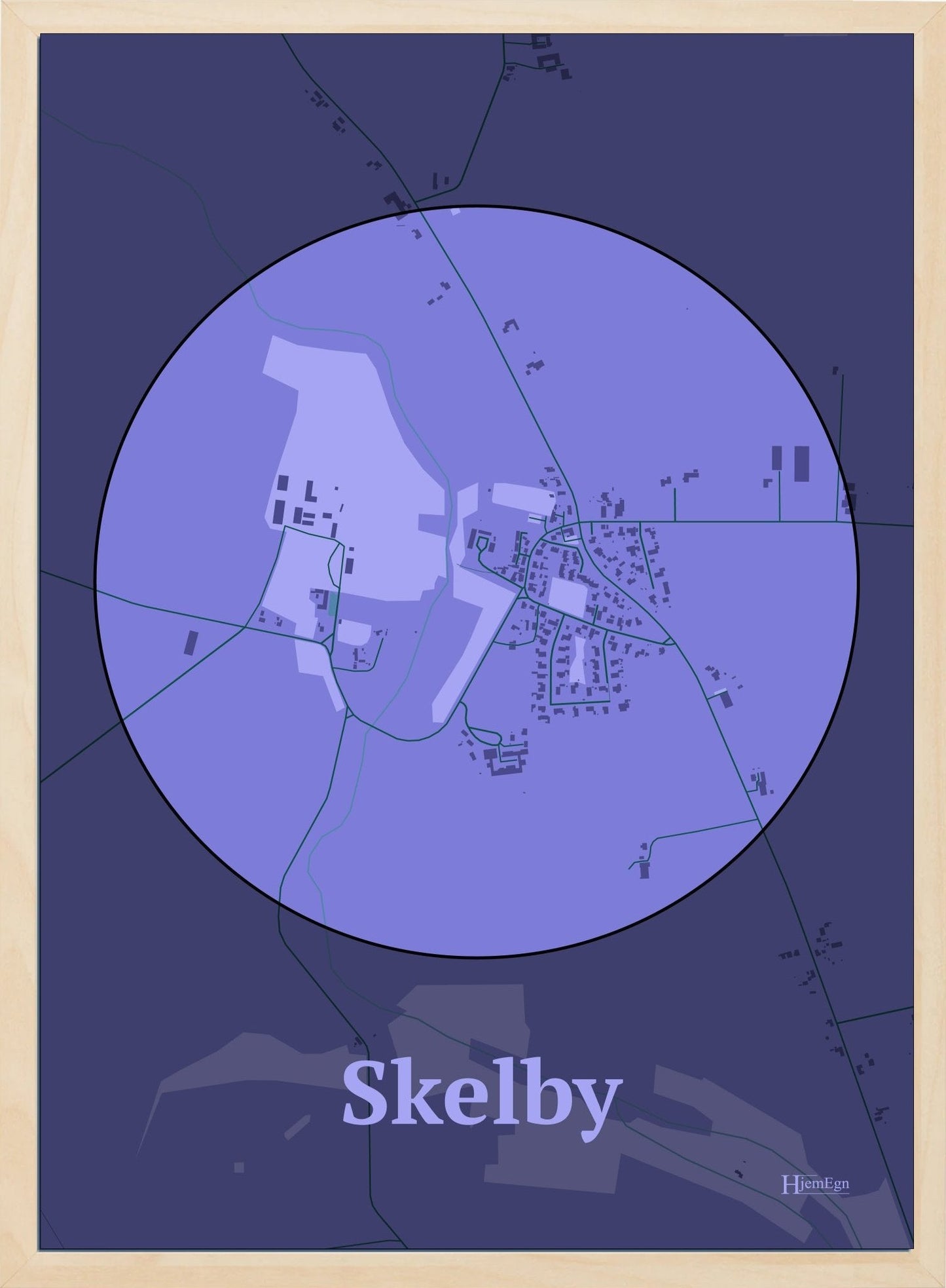 Skelby plakat i farve pastel lilla og HjemEgn.dk design centrum. Design bykort for Skelby
