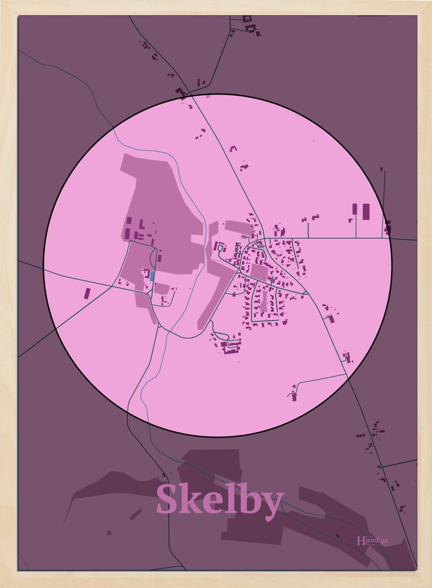 Skelby plakat i farve pastel rød og HjemEgn.dk design centrum. Design bykort for Skelby
