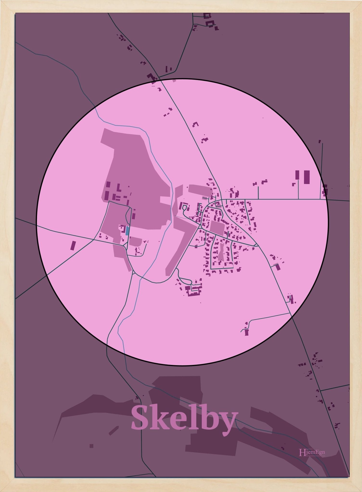 Skelby plakat i farve pastel rød og HjemEgn.dk design centrum. Design bykort for Skelby