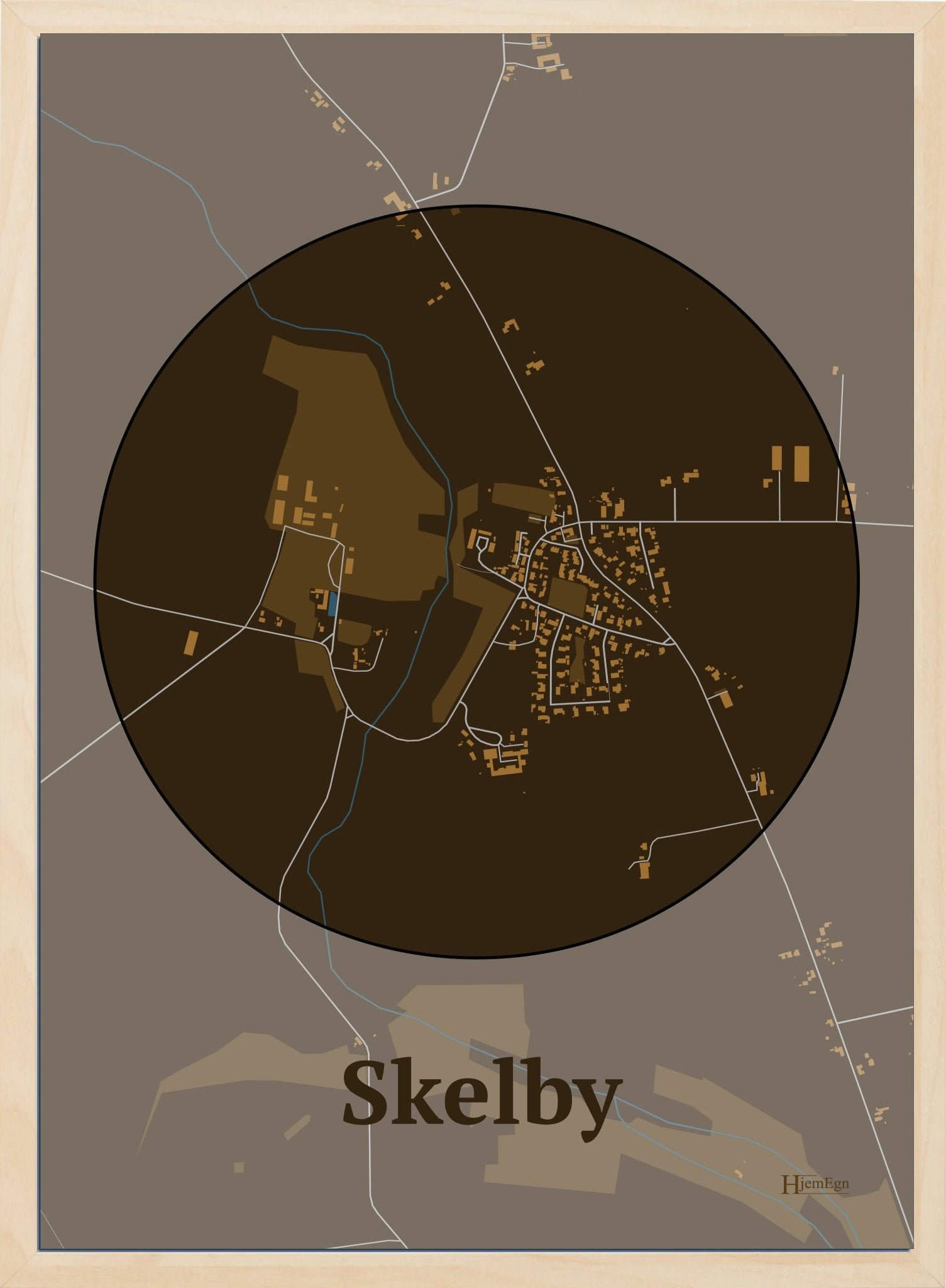 Skelby plakat i farve mørk brun og HjemEgn.dk design centrum. Design bykort for Skelby