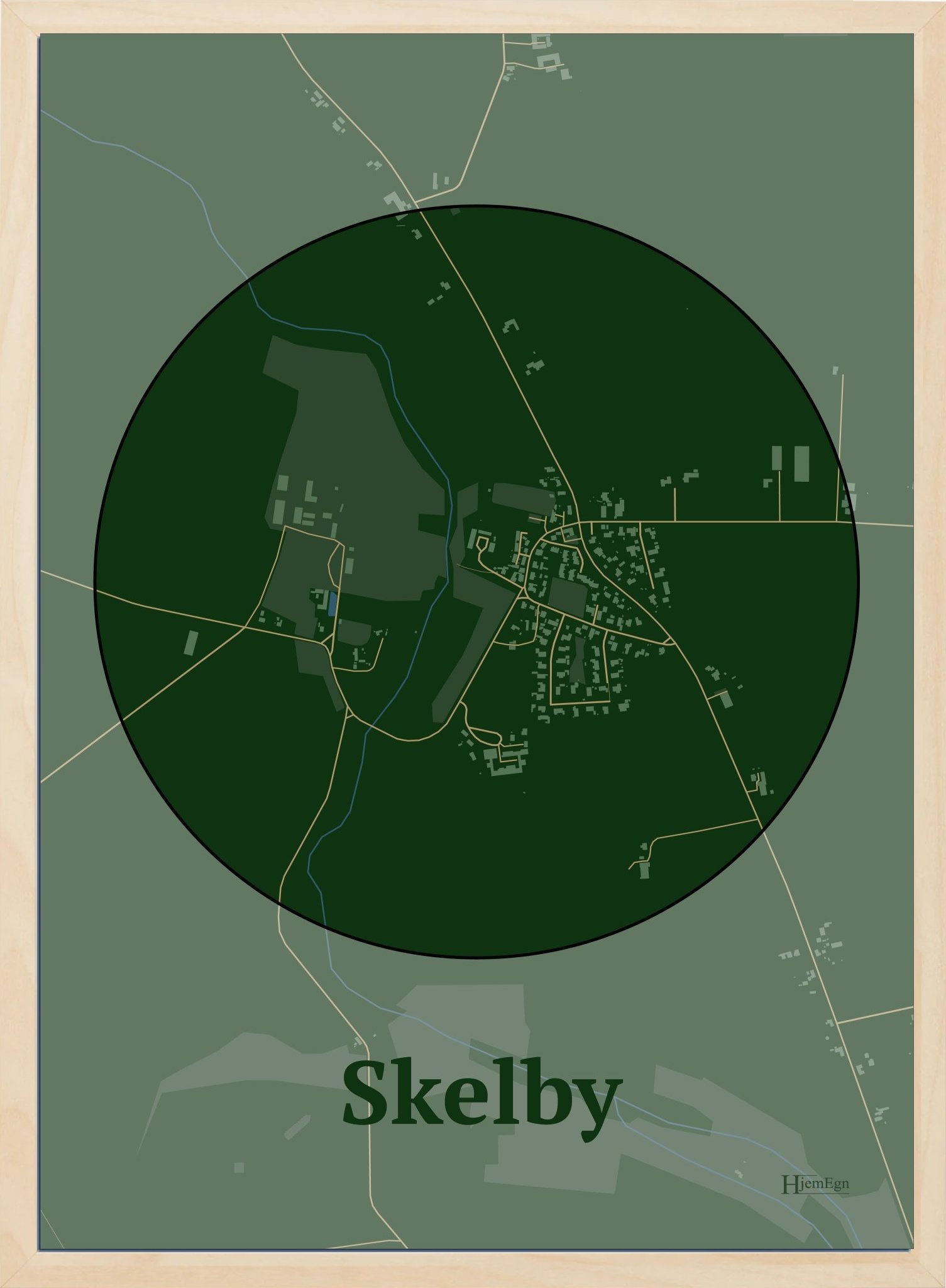 Skelby plakat i farve mørk grøn og HjemEgn.dk design centrum. Design bykort for Skelby