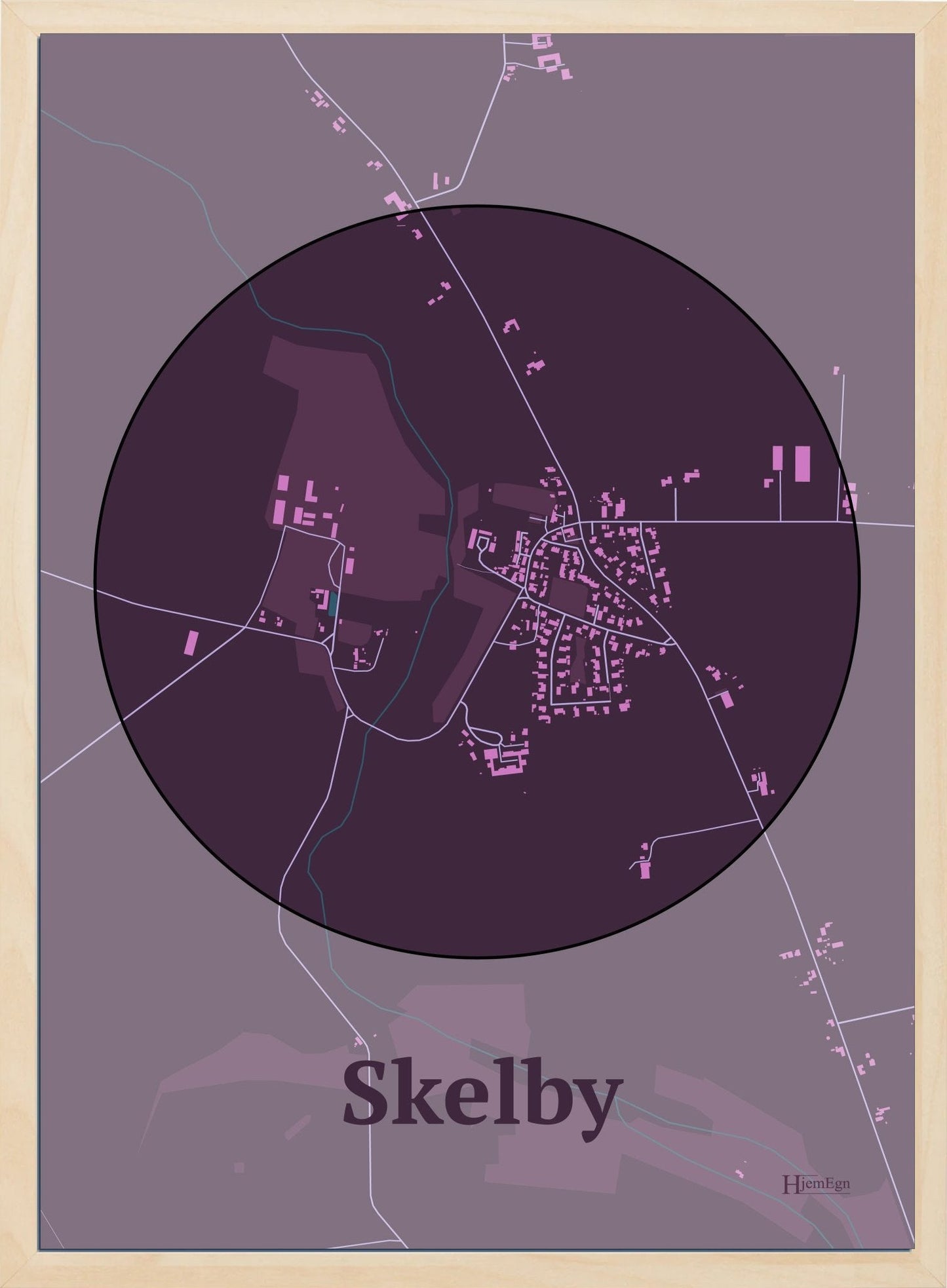 Skelby plakat i farve mørk rød og HjemEgn.dk design centrum. Design bykort for Skelby
