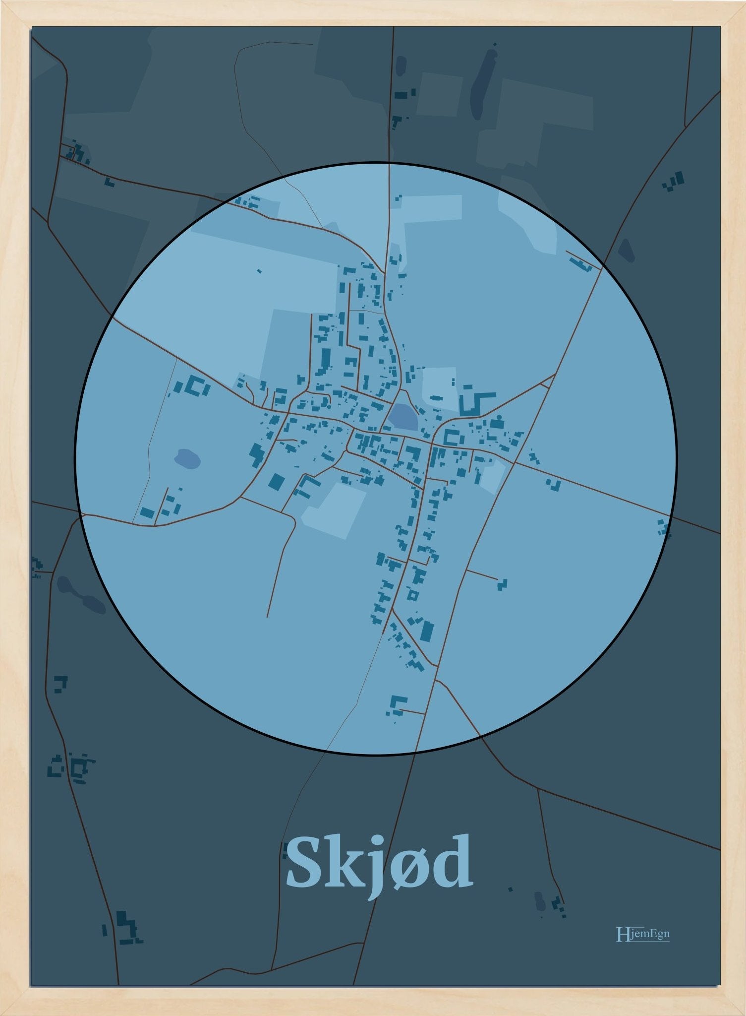 Skjød plakat i farve pastel blå og HjemEgn.dk design centrum. Design bykort for Skjød