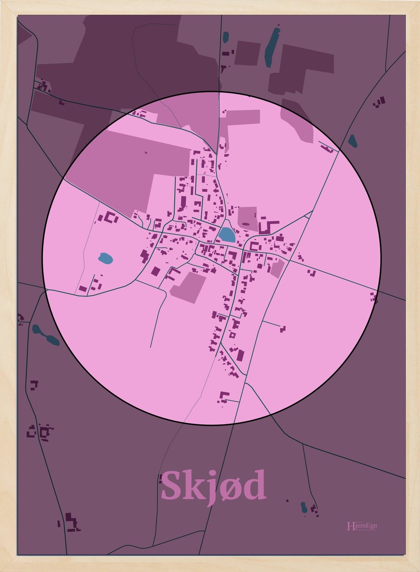 Skjød plakat i farve pastel rød og HjemEgn.dk design centrum. Design bykort for Skjød