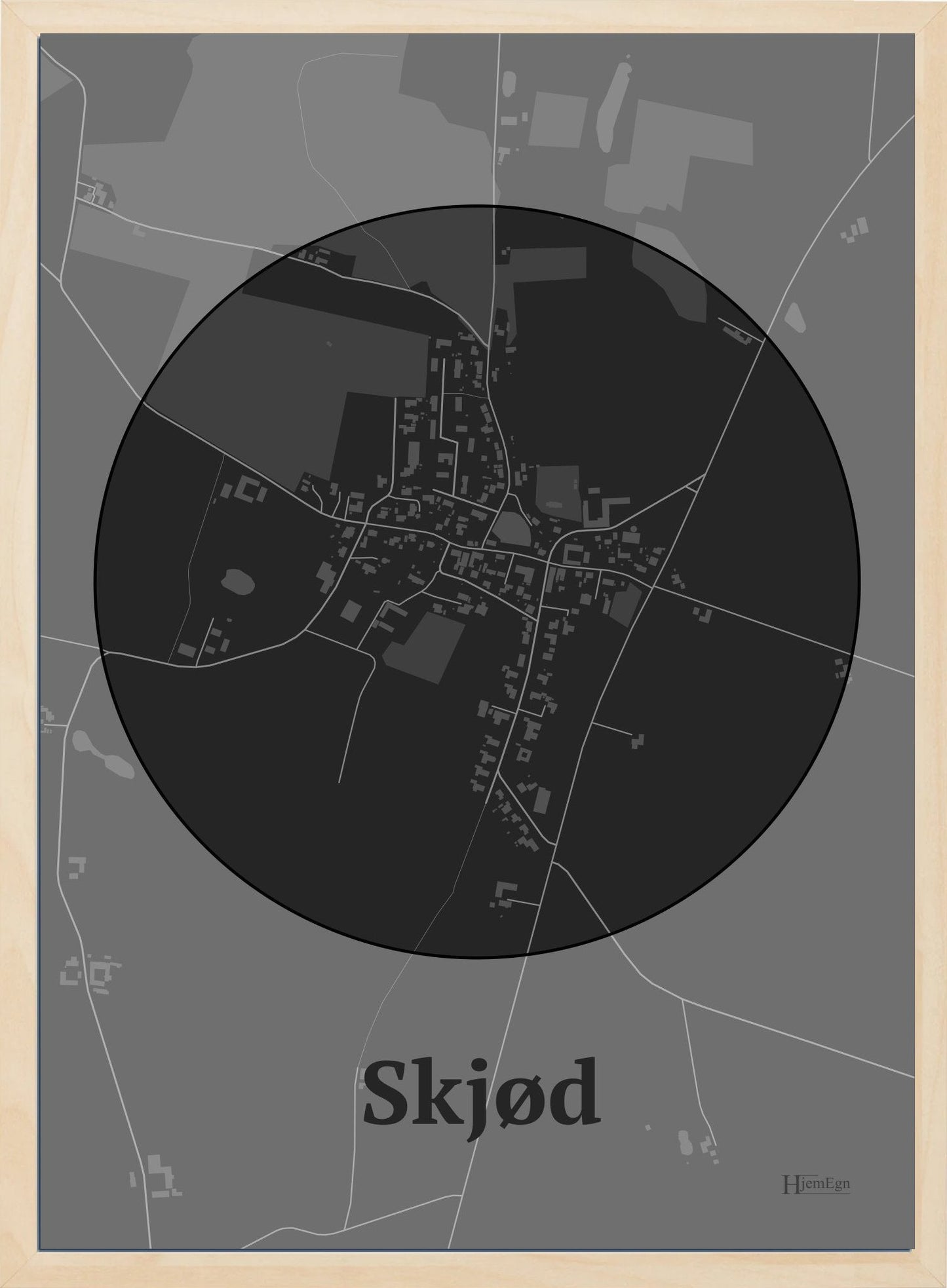 Skjød plakat i farve mørk grå og HjemEgn.dk design centrum. Design bykort for Skjød