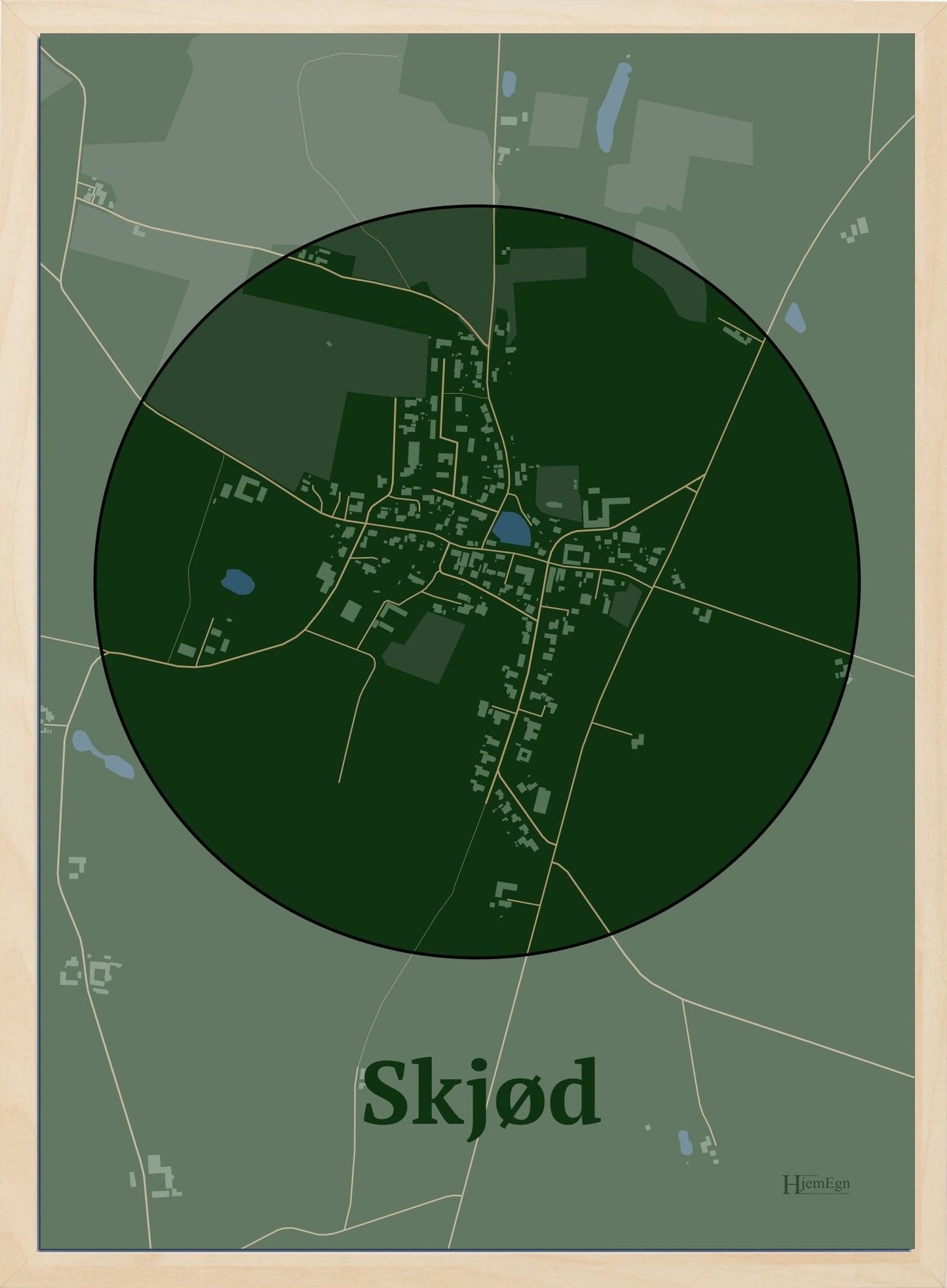 Skjød plakat i farve mørk grøn og HjemEgn.dk design centrum. Design bykort for Skjød