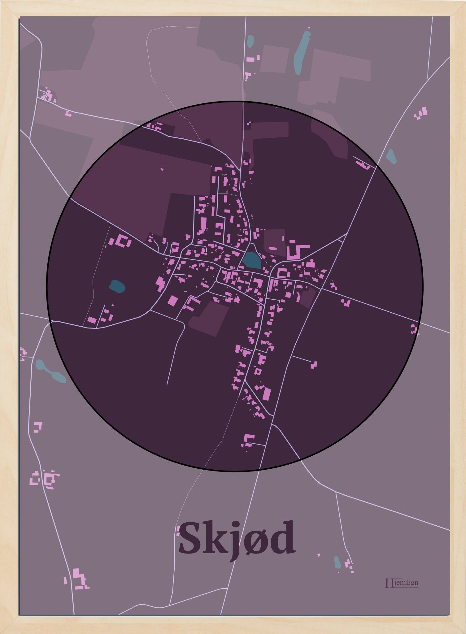 Skjød plakat i farve mørk rød og HjemEgn.dk design centrum. Design bykort for Skjød