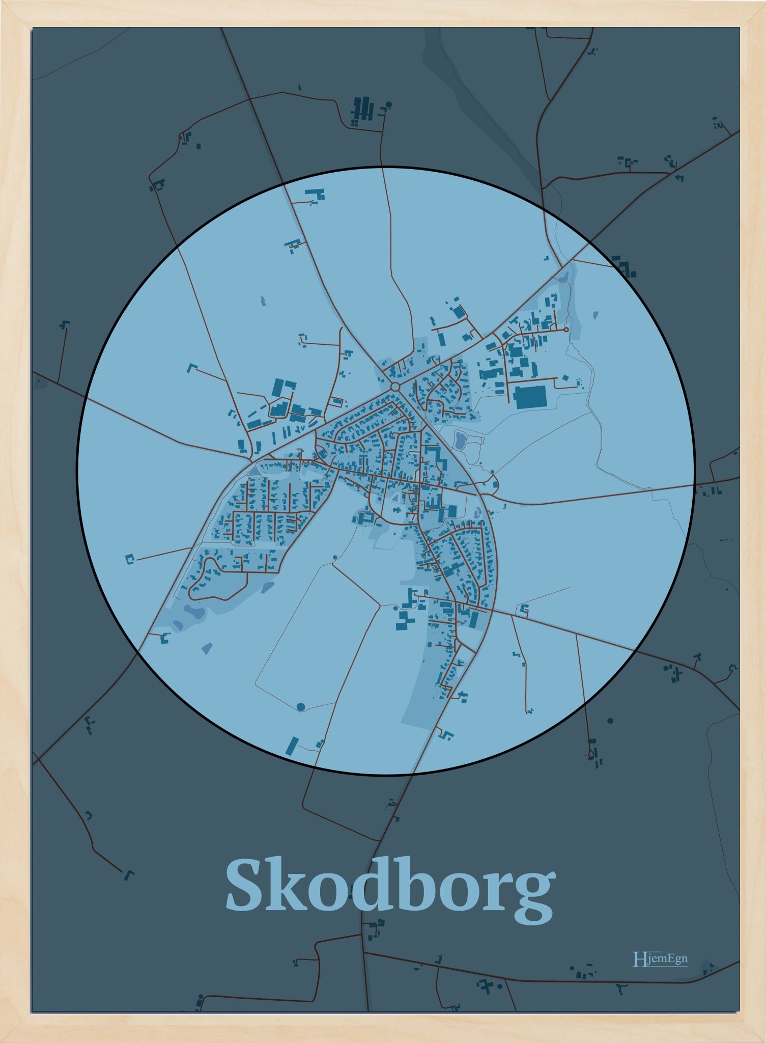 Skodborg plakat i farve pastel blå og HjemEgn.dk design centrum. Design bykort for Skodborg