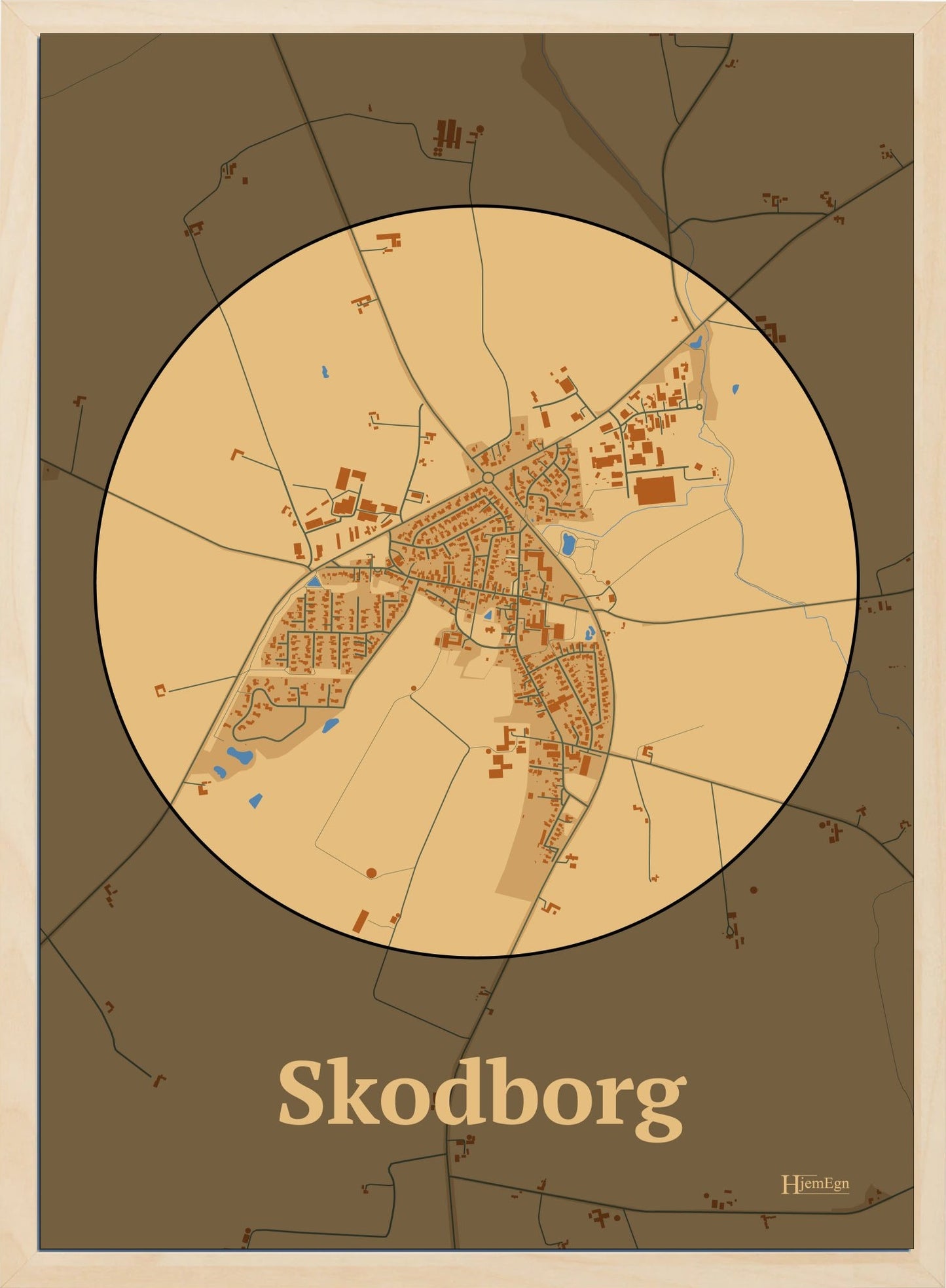 Skodborg plakat i farve pastel brun og HjemEgn.dk design centrum. Design bykort for Skodborg