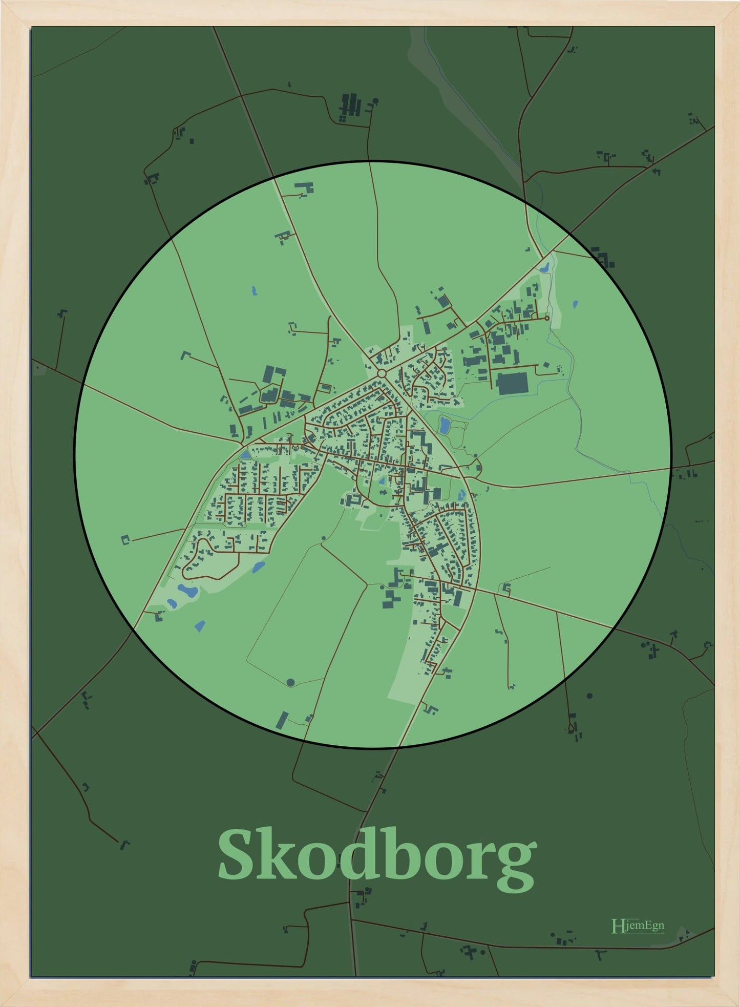 Skodborg plakat i farve pastel grøn og HjemEgn.dk design centrum. Design bykort for Skodborg