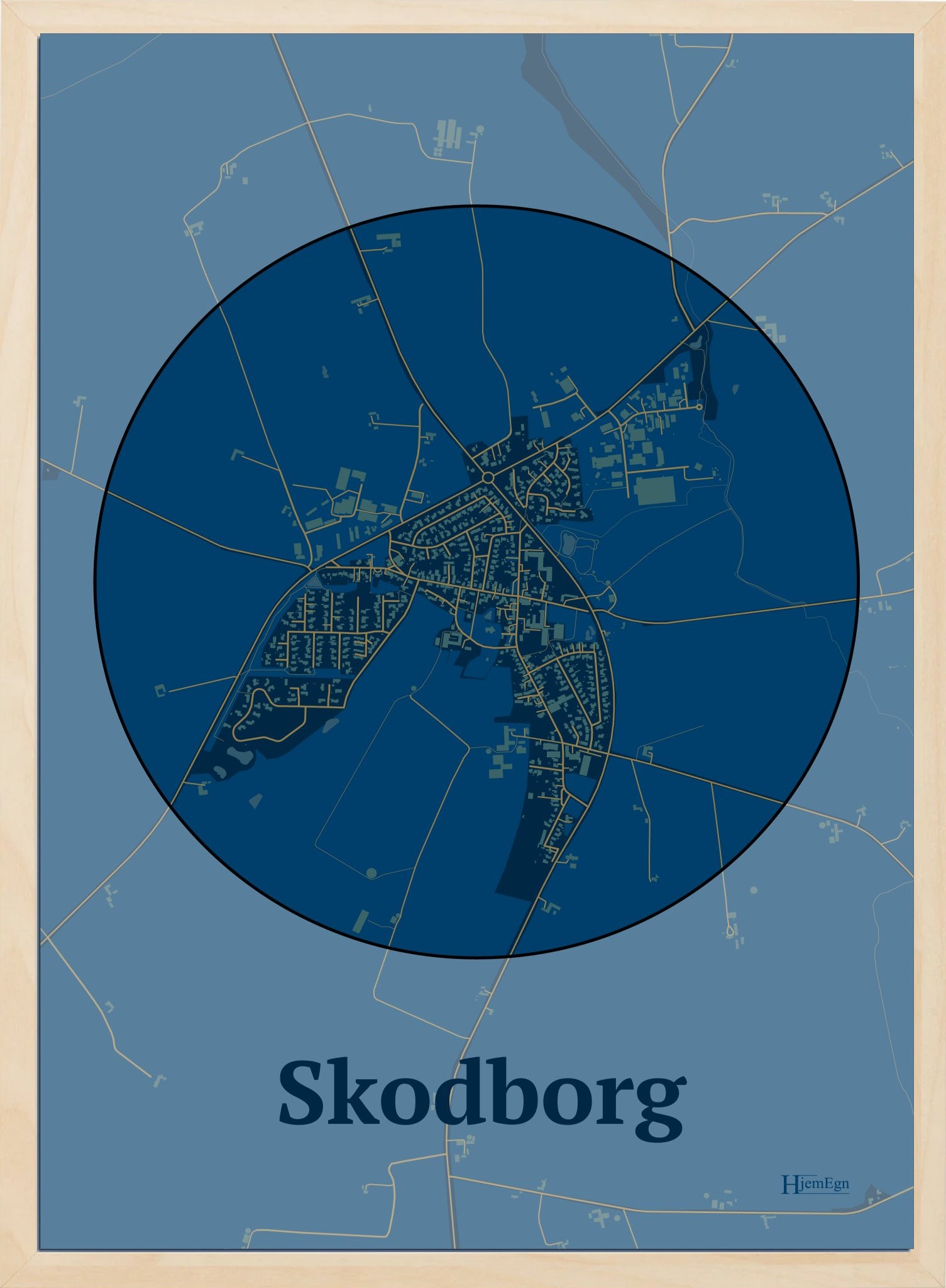 Skodborg plakat i farve mørk blå og HjemEgn.dk design centrum. Design bykort for Skodborg