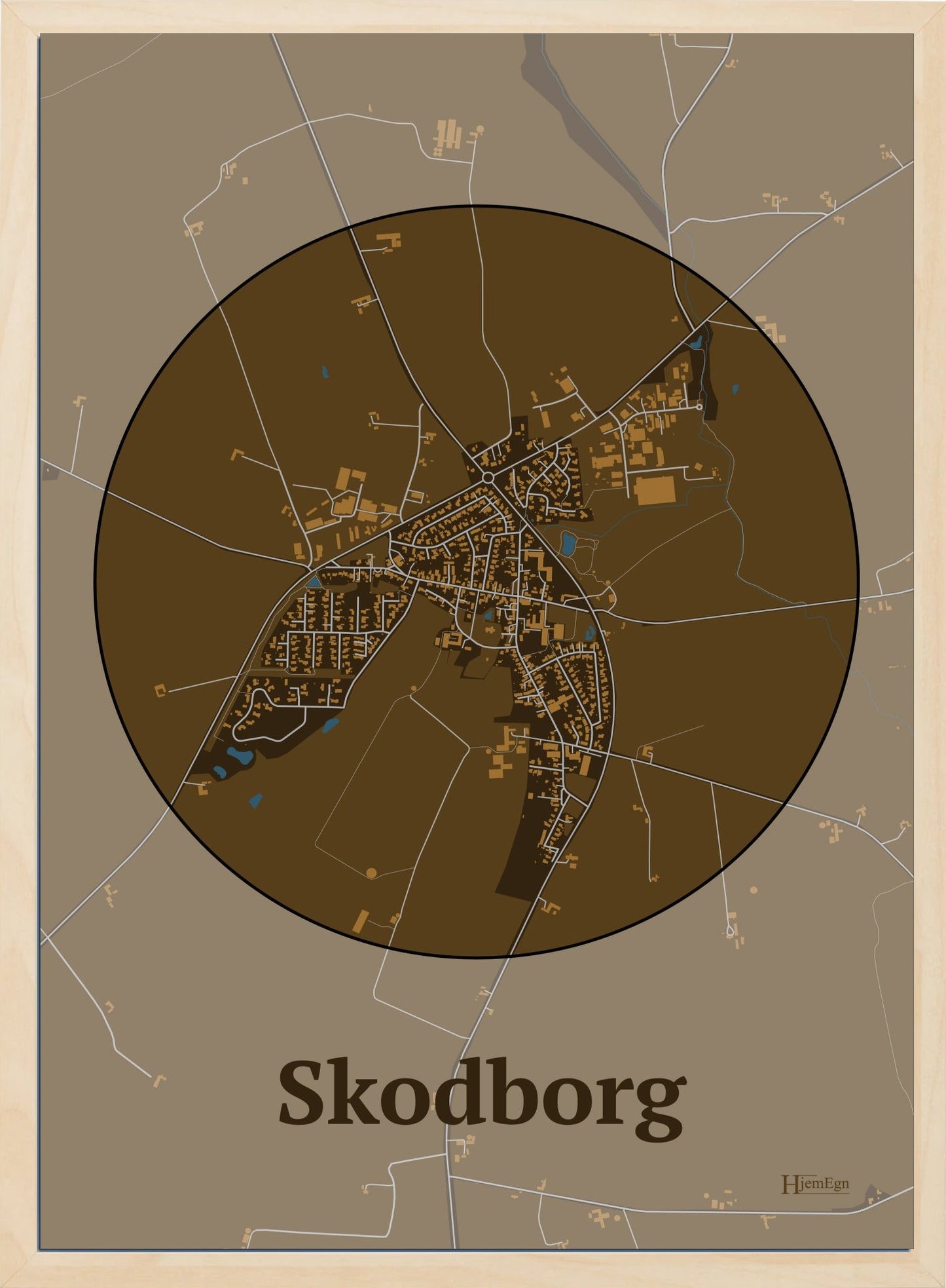 Skodborg plakat i farve mørk brun og HjemEgn.dk design centrum. Design bykort for Skodborg