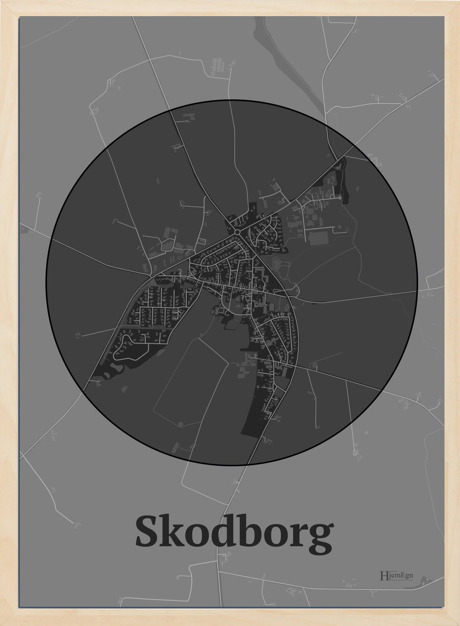 Skodborg plakat i farve mørk grå og HjemEgn.dk design centrum. Design bykort for Skodborg