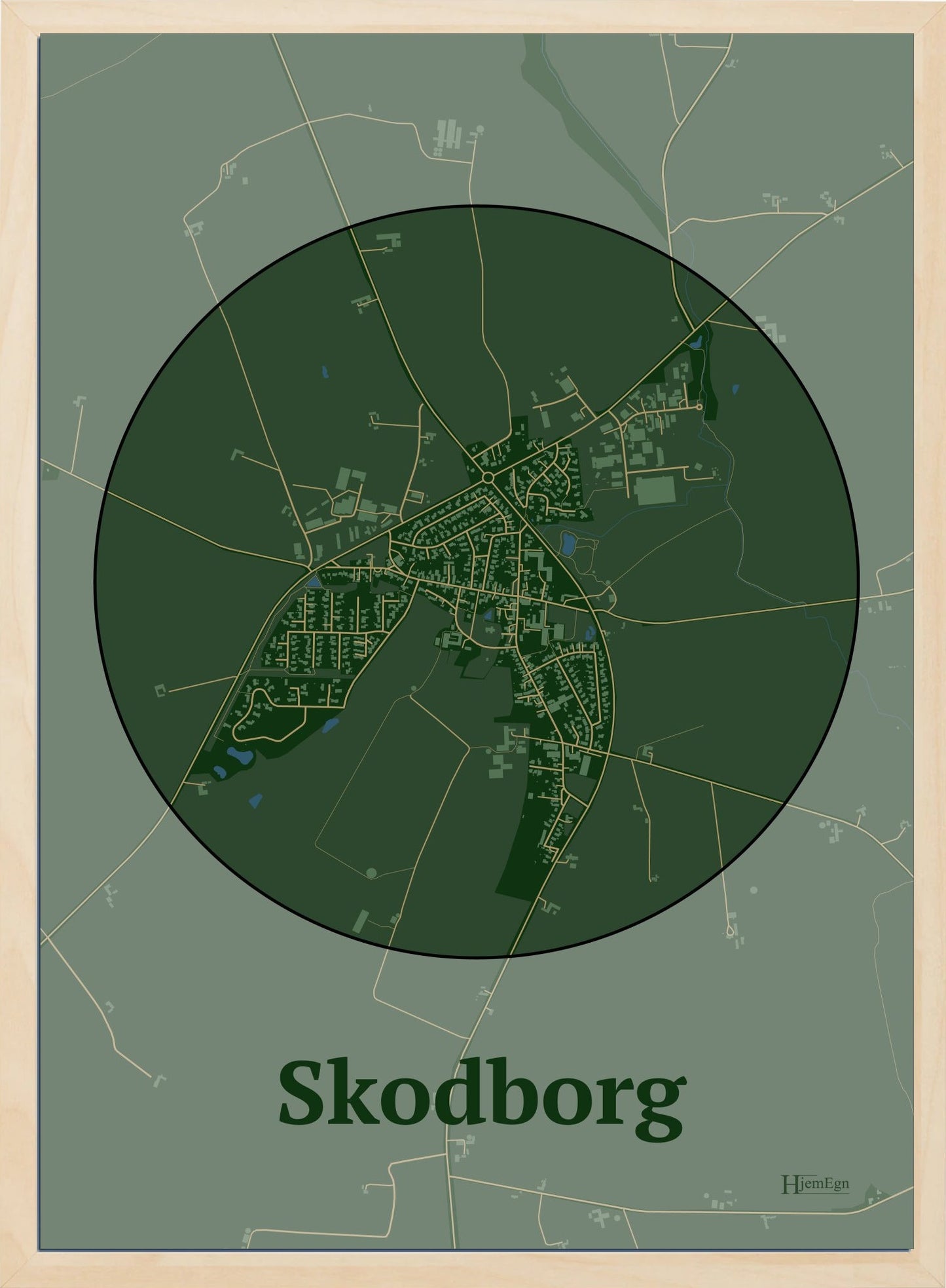Skodborg plakat i farve mørk grøn og HjemEgn.dk design centrum. Design bykort for Skodborg