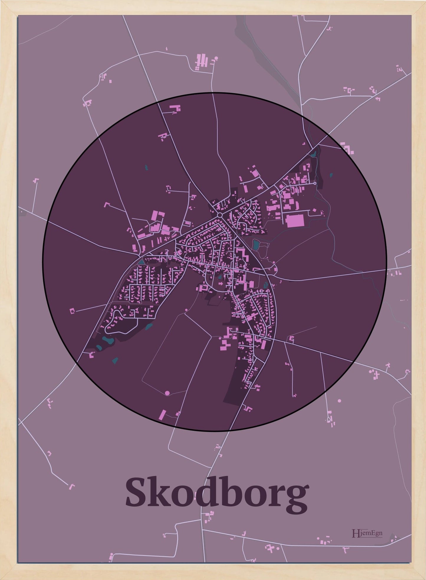 Skodborg plakat i farve mørk rød og HjemEgn.dk design centrum. Design bykort for Skodborg
