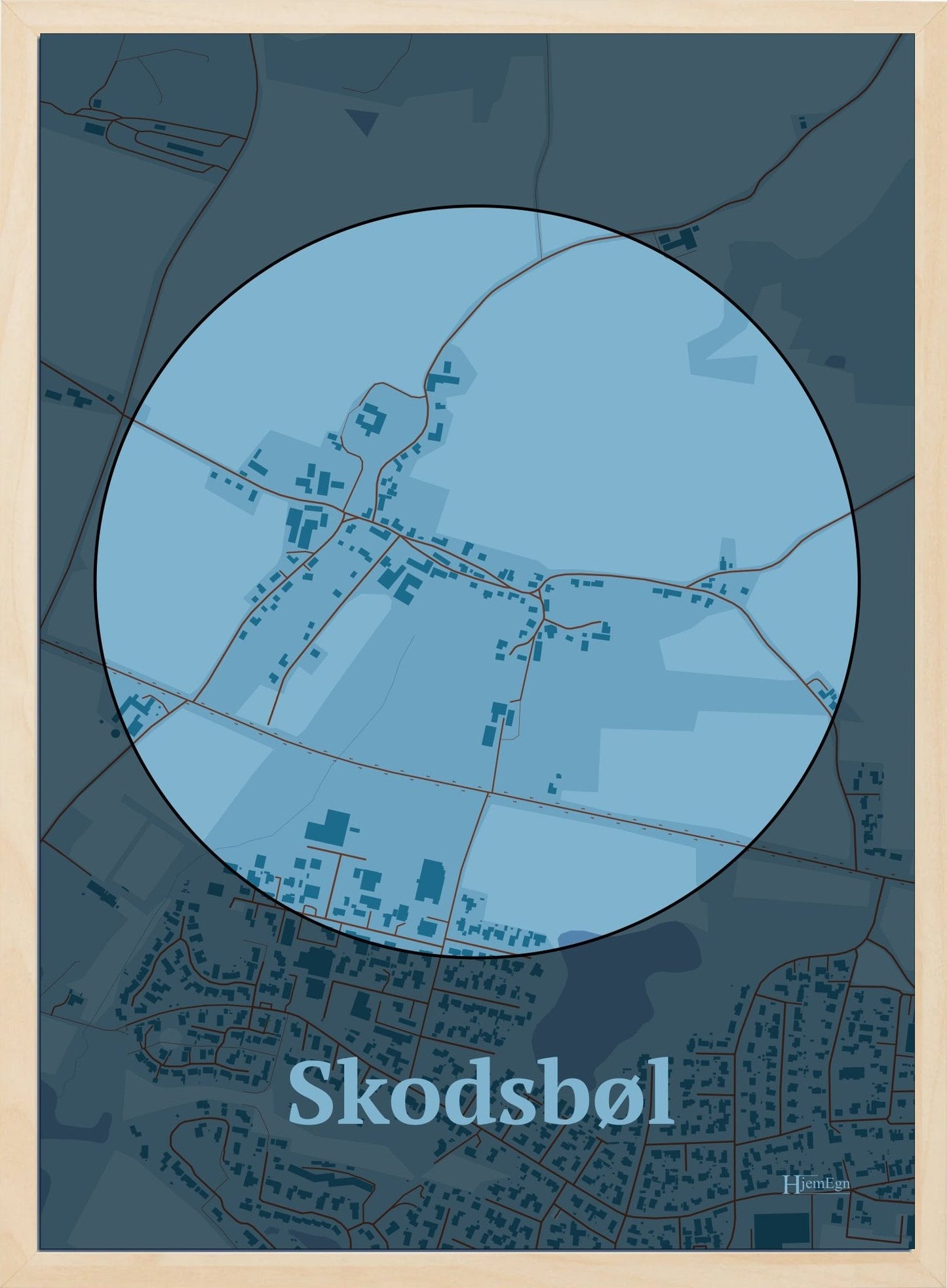 Skodsbøl plakat i farve pastel blå og HjemEgn.dk design centrum. Design bykort for Skodsbøl