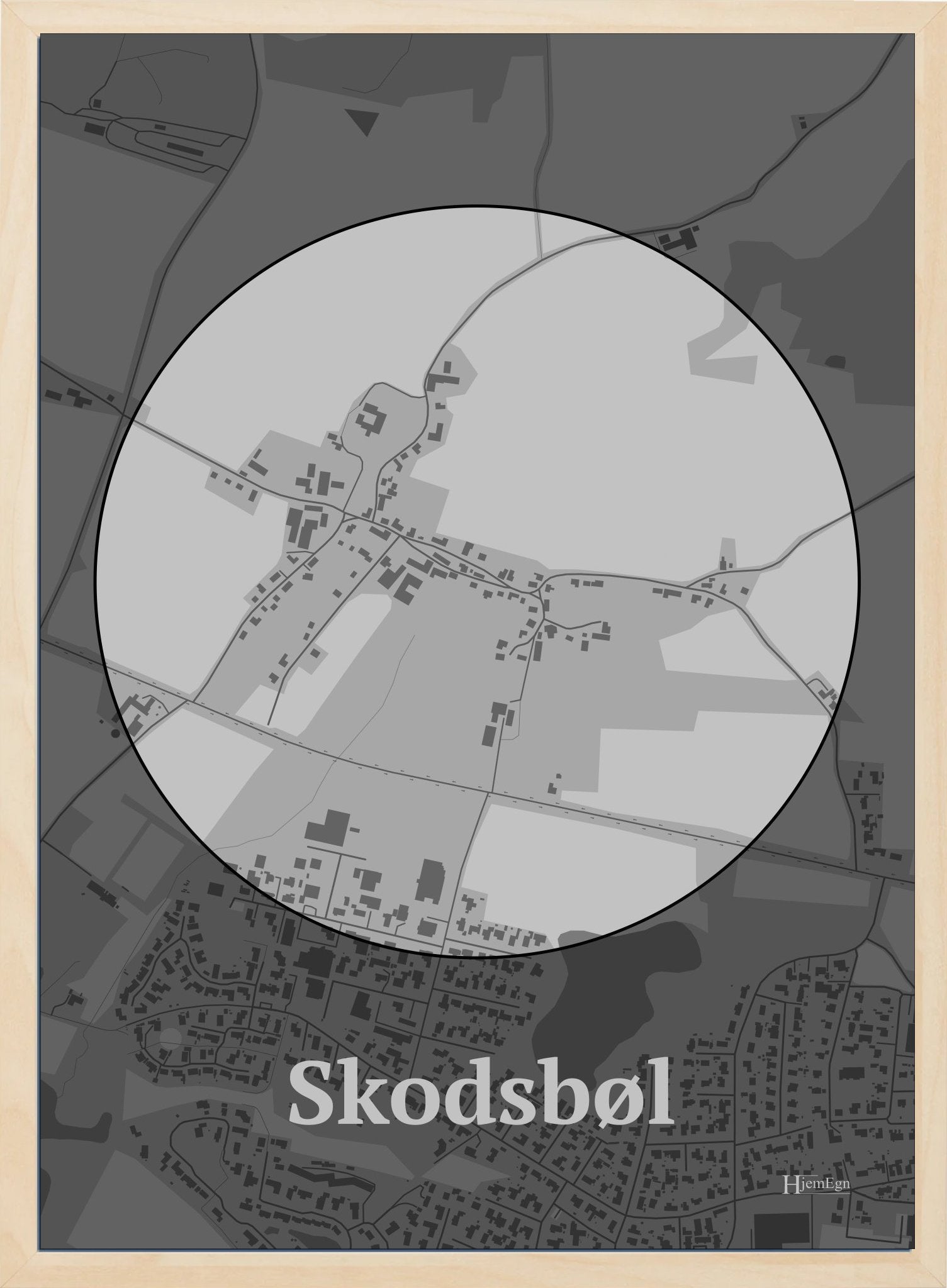 Skodsbøl plakat i farve pastel grå og HjemEgn.dk design centrum. Design bykort for Skodsbøl