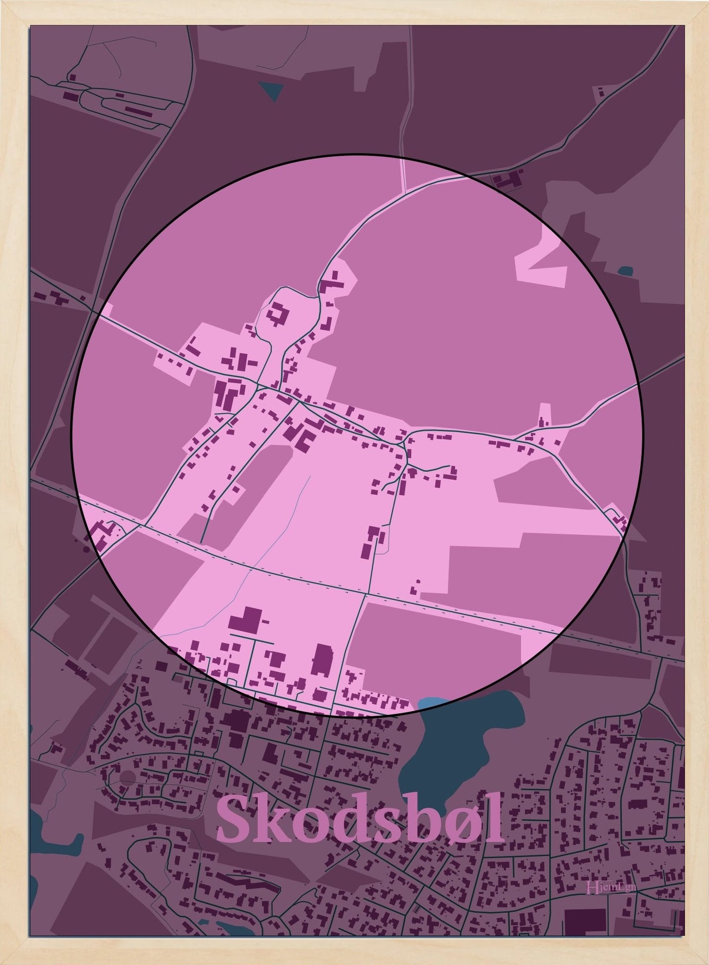 Skodsbøl plakat i farve pastel rød og HjemEgn.dk design centrum. Design bykort for Skodsbøl