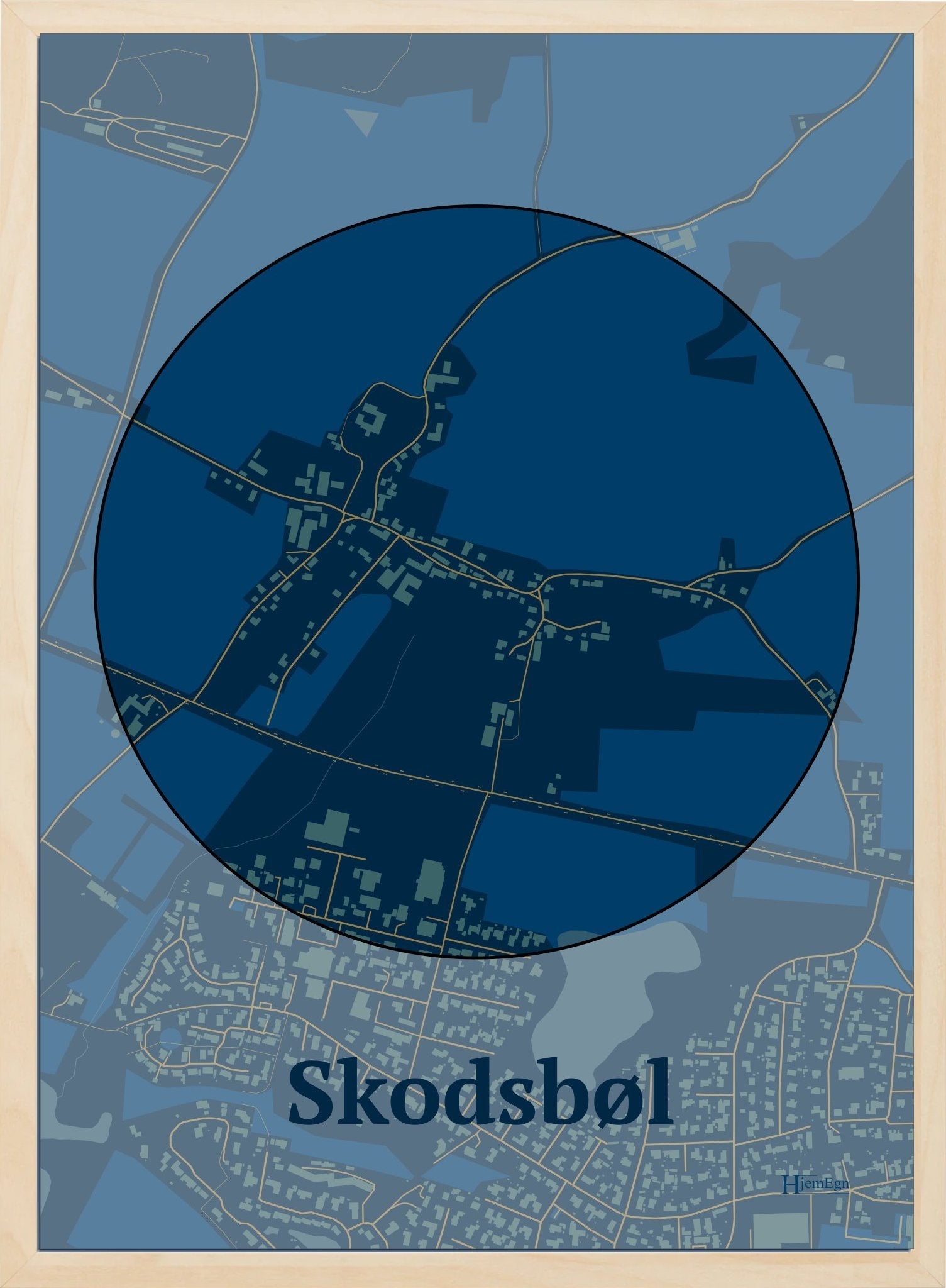 Skodsbøl plakat i farve mørk blå og HjemEgn.dk design centrum. Design bykort for Skodsbøl