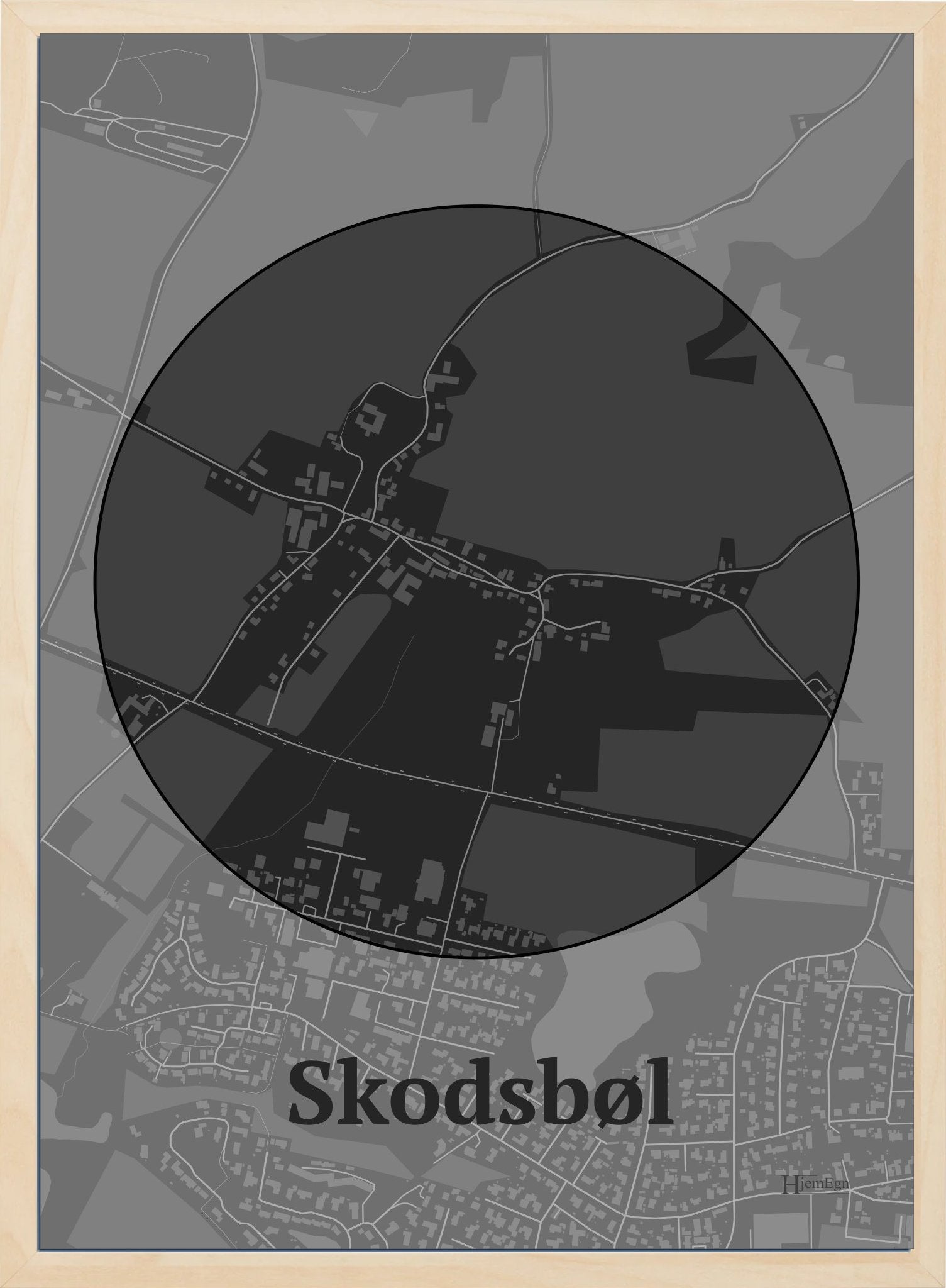 Skodsbøl plakat i farve mørk grå og HjemEgn.dk design centrum. Design bykort for Skodsbøl