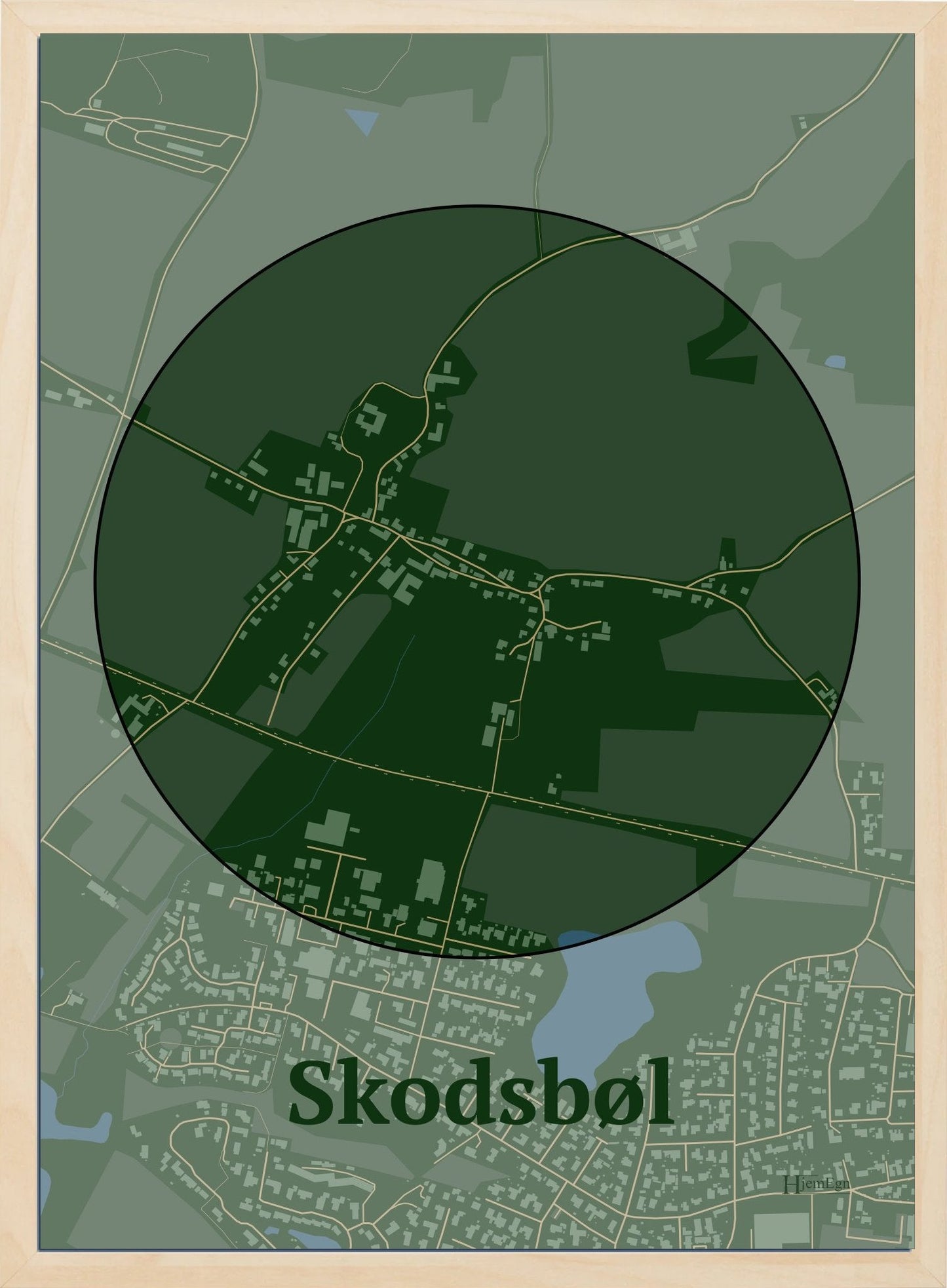 Skodsbøl plakat i farve mørk grøn og HjemEgn.dk design centrum. Design bykort for Skodsbøl
