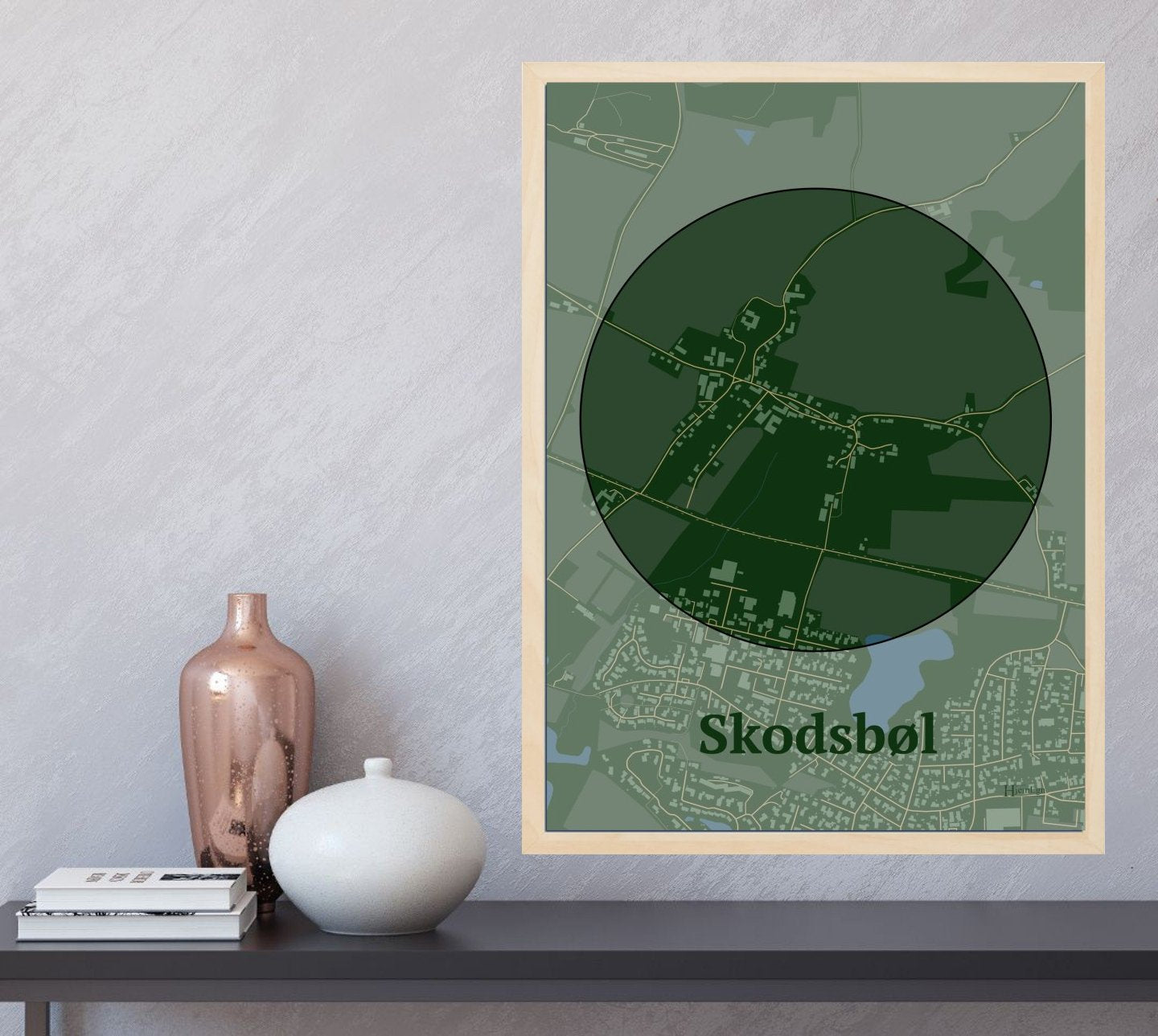 Skodsbøl plakat i farve  og HjemEgn.dk design centrum. Design bykort for Skodsbøl