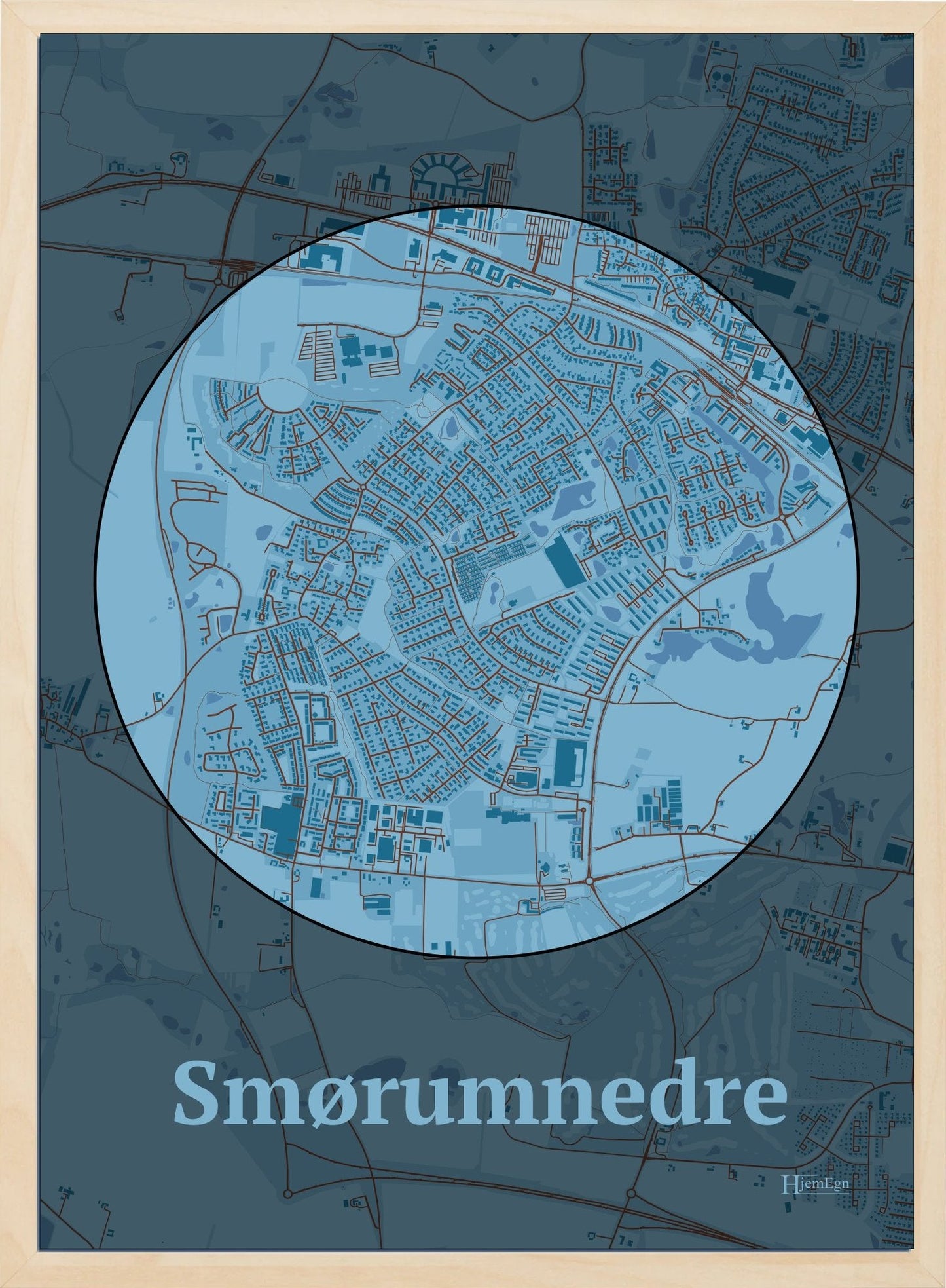 Smørumnedre plakat i farve pastel blå og HjemEgn.dk design centrum. Design bykort for Smørumnedre