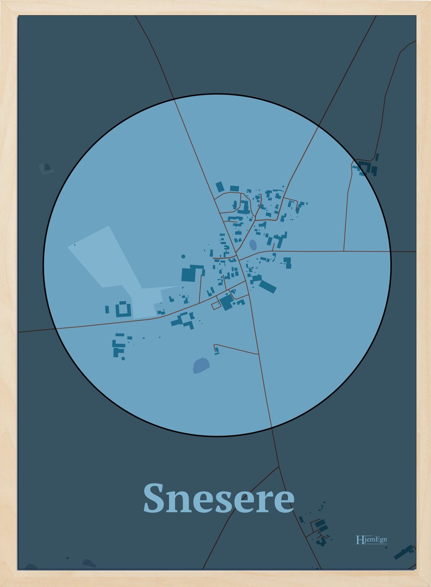 Snesere plakat i farve pastel blå og HjemEgn.dk design centrum. Design bykort for Snesere