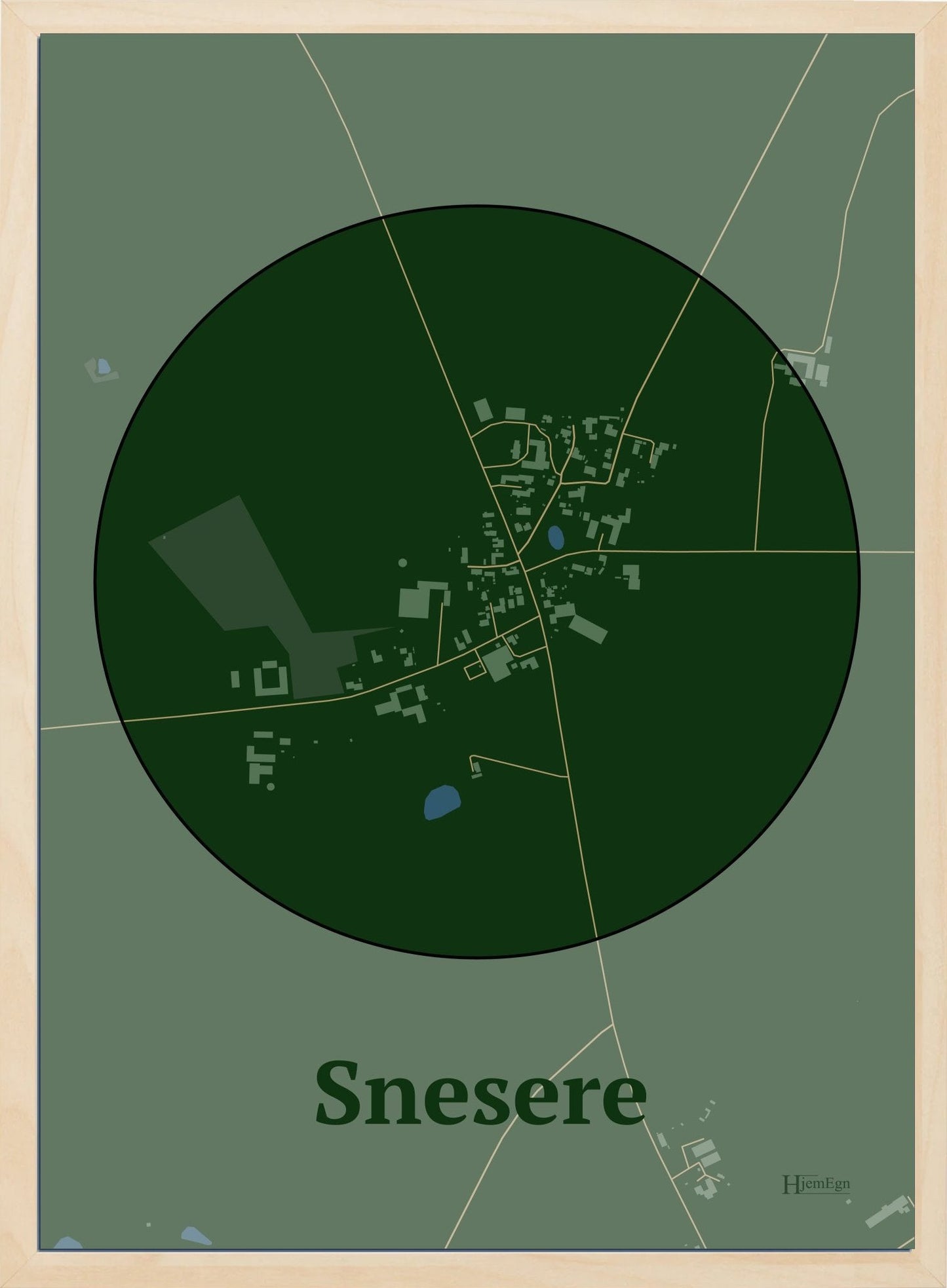 Snesere plakat i farve mørk grøn og HjemEgn.dk design centrum. Design bykort for Snesere